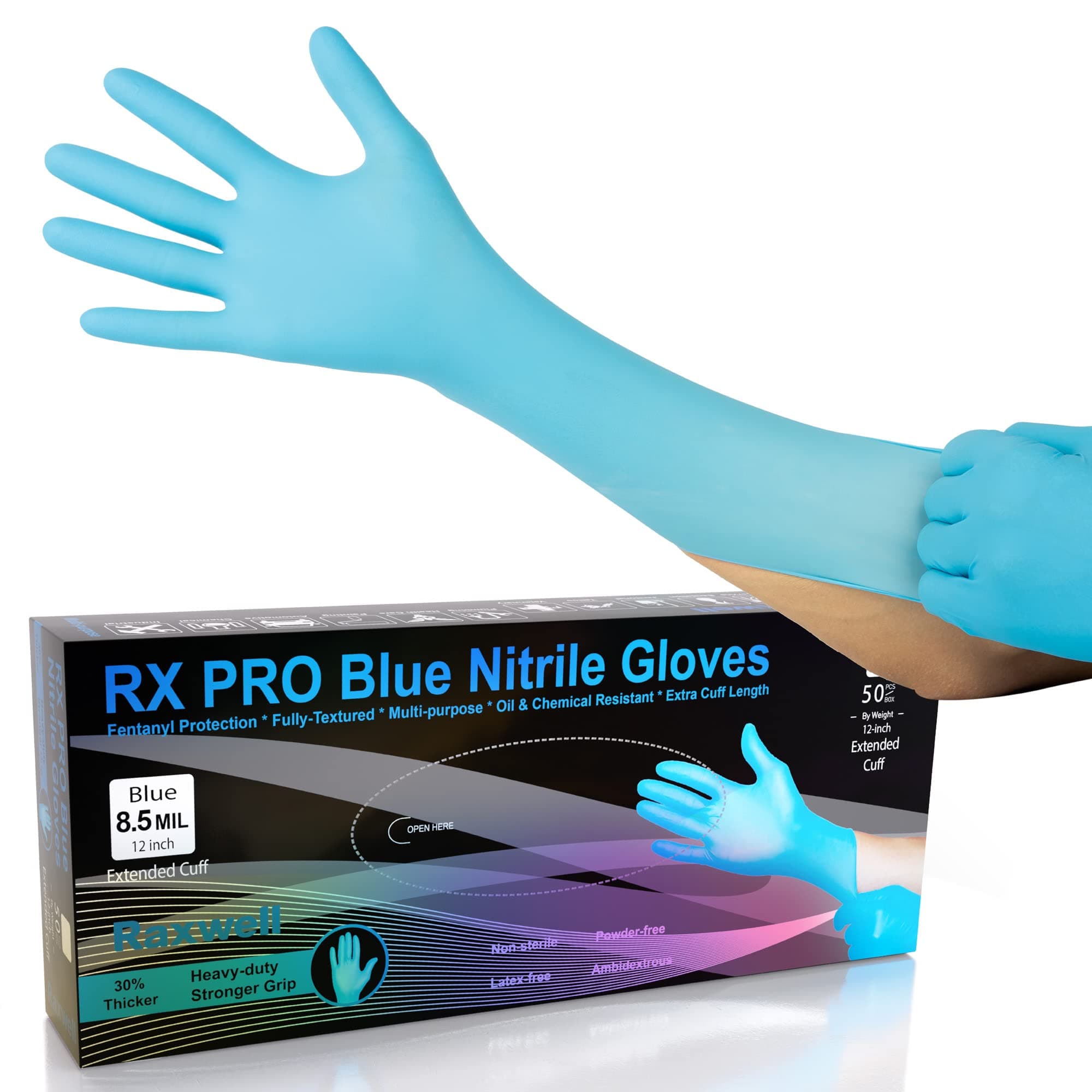 RaxwellDisposable Blue Extended Cuff Nitrile Gloves Medium | 8-mil Heavy Duty Nitrile Examination Gloves | 50 Count Fully Textured, Latex Free & Powder Free | Food Grade, Food Safe & Puncture