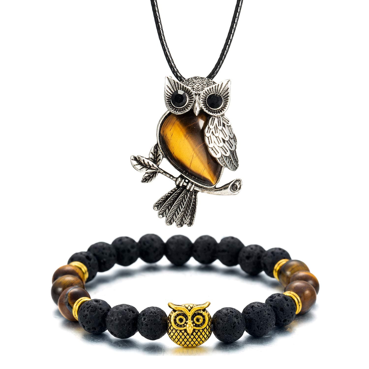 Owl Necklace Healing Crystals Necklace for Women Men Reiki Spiritual Energy Gemstone Necklace Lava Owl Bracelet Set Gifts for Women with Gift Box