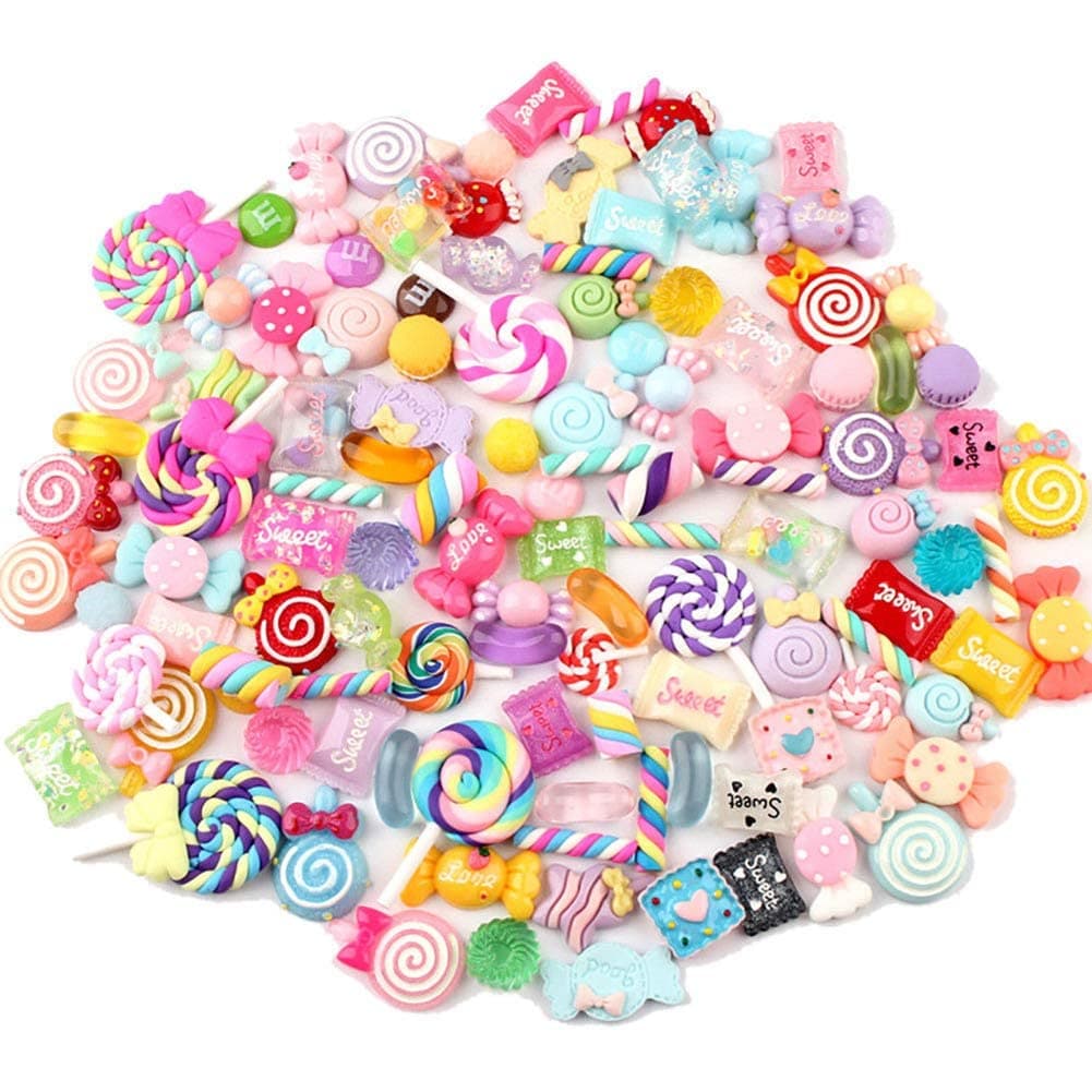 NALACAL Slime Charms Resin Fake Candy Charms Kawaii Cute Set Mixed Assorted Sweets Flatback Slime Beads Making Supplies for DIY Craft Making and Ornament Scrapbooking (100pcs)