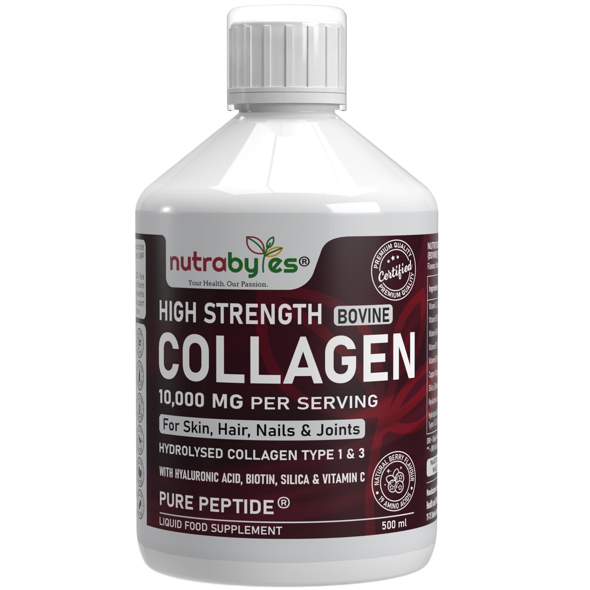 Nutrabytes Collagen Liquid 10,000mg | Hydrolysed Peptides | Hyaluronic Acid, Biotin, Silica, Vitamin C & B12 | Skin, Hair, Nails & Joints | Grass Fed Bovine | for Women & Men