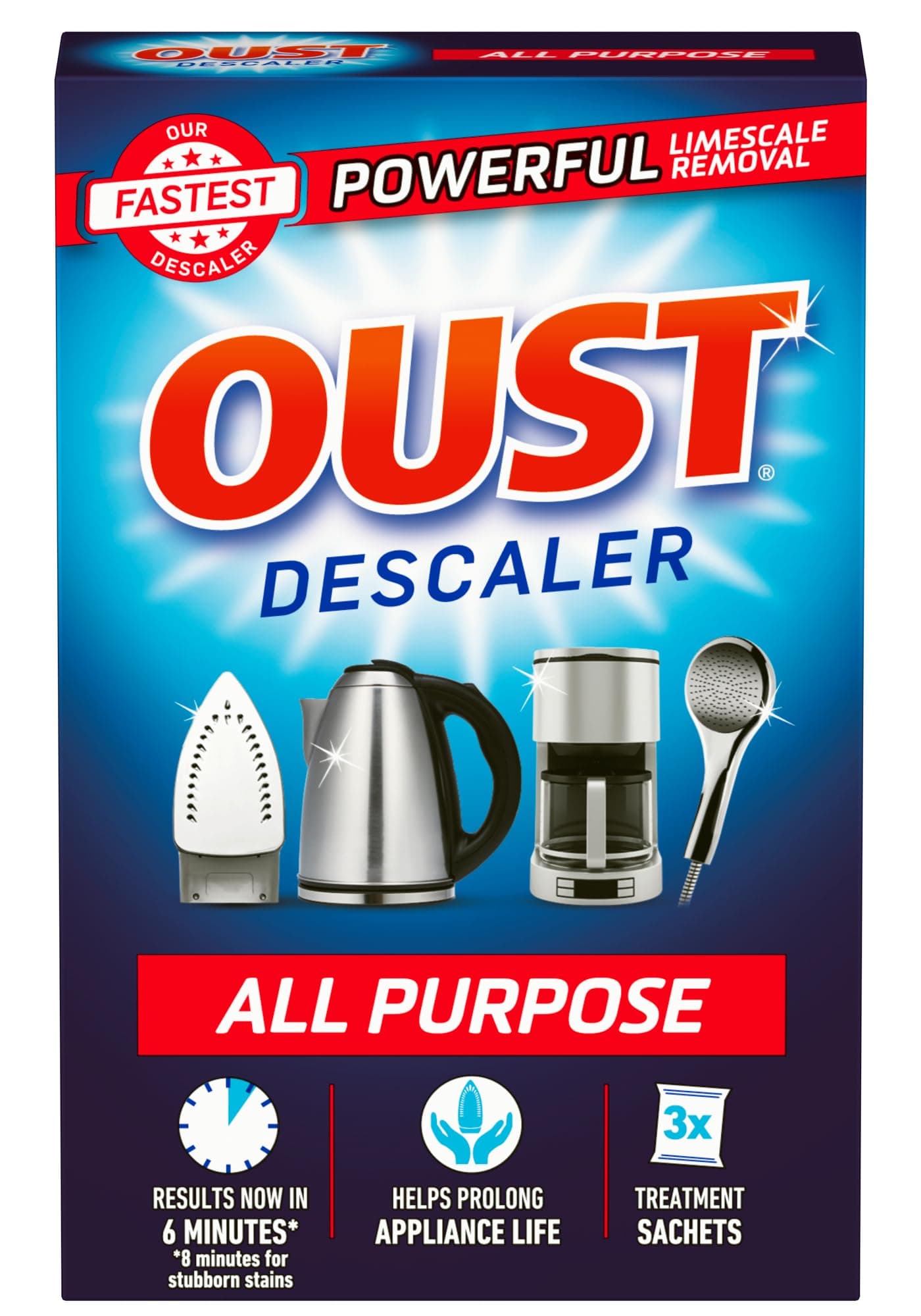 Oust Powerful All Purpose Descaler, New Formula, Limescale Remover – Ideal for Kettles, Coffee Machines, Irons and Shower Heads, 3 Sachets