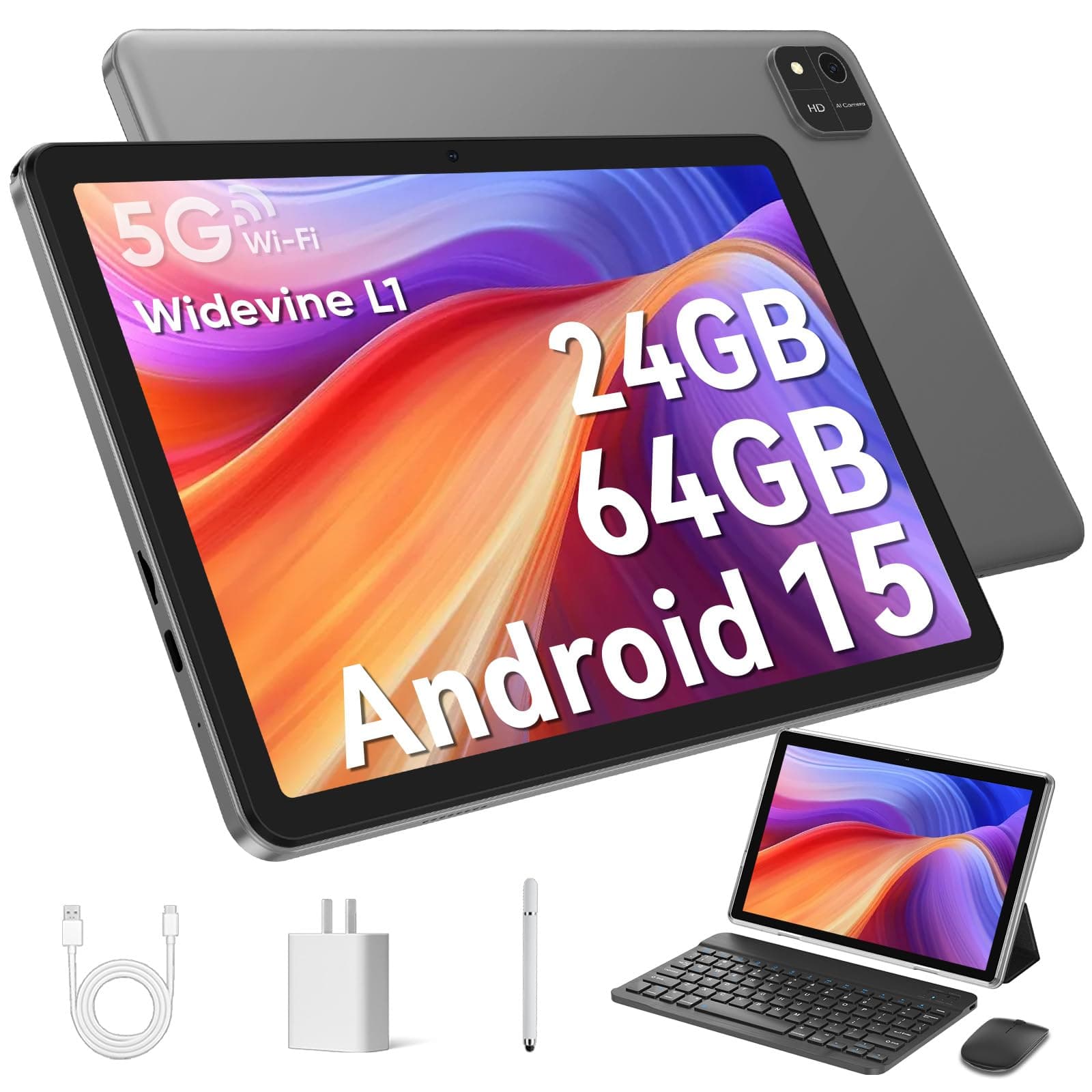 Android 15 Tablet 10.1 inch Tablet 2025 Latest Tablets with Keyboard Mouse 24GB+64GB 2TB Expand 6000mAh Octa-Core Processor Dual Camera WiFi 1280x800 IPS 18W Fast Charging (Black)
