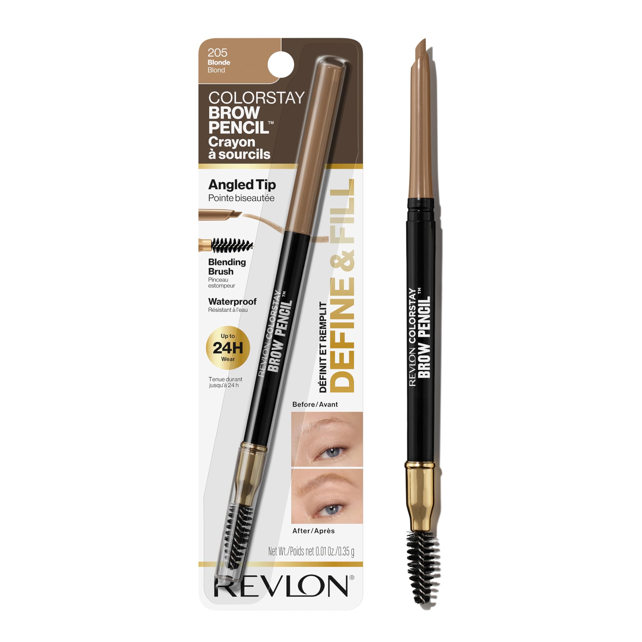 ColorStay Eyebrow Pencil with Spoolie Brush, Waterproof, Hair-Like Strokes for Natural Looking Brows, 205 Blonde, 0.021 oz