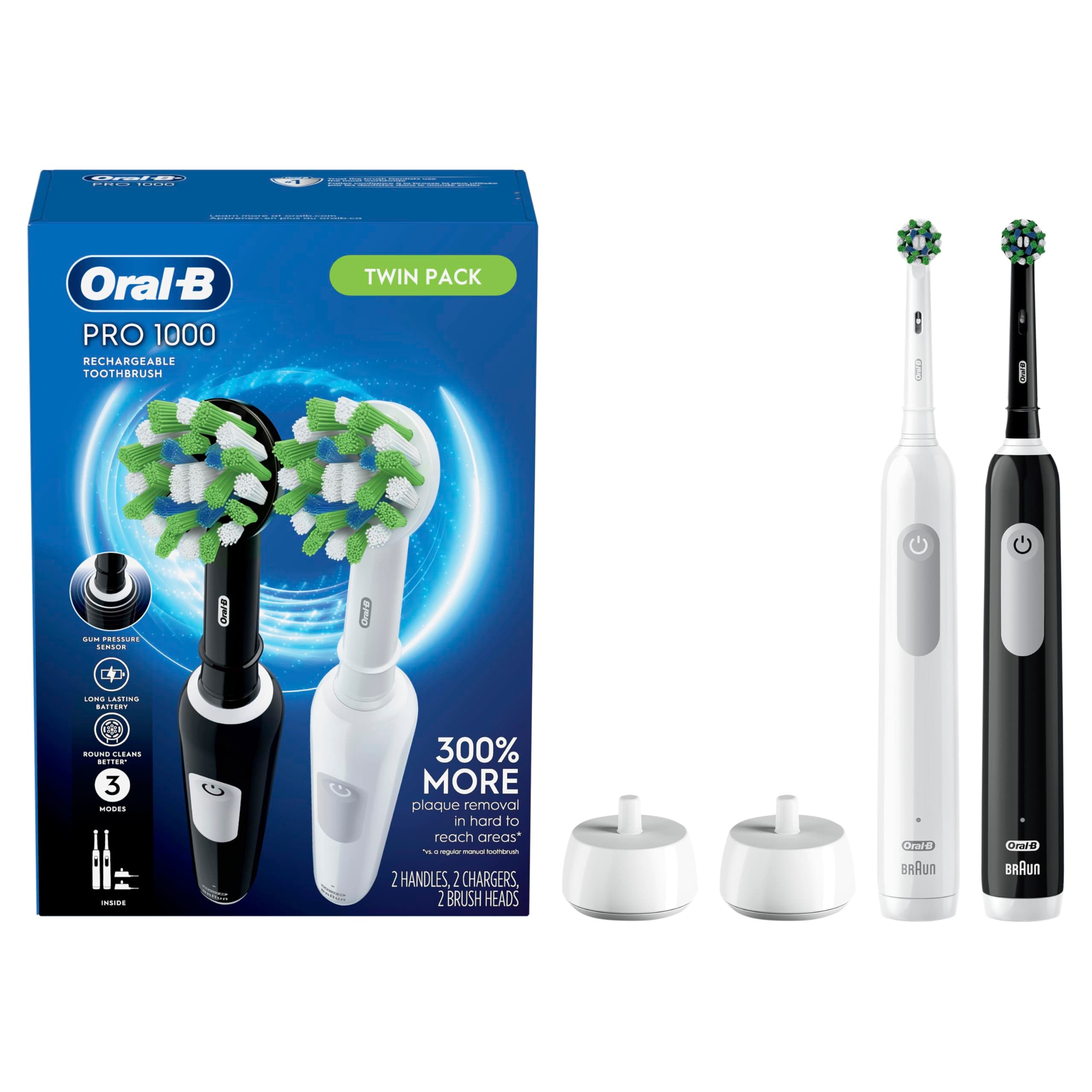 Pro 1000 CrossAction Electric Toothbrush, Black and White, 2 Count