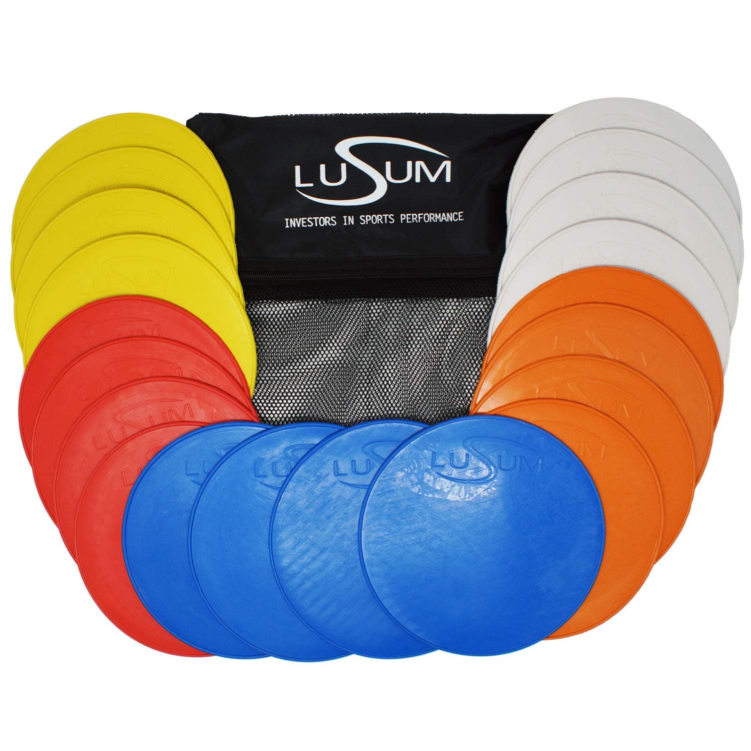 Lusum Set of 20 Full-Sized Pro Non Slip Flat Rubber Round Sports Marker Discs - Pack of 20 Flat Football Discs with Travel Bag - Flat Cones for Football Training