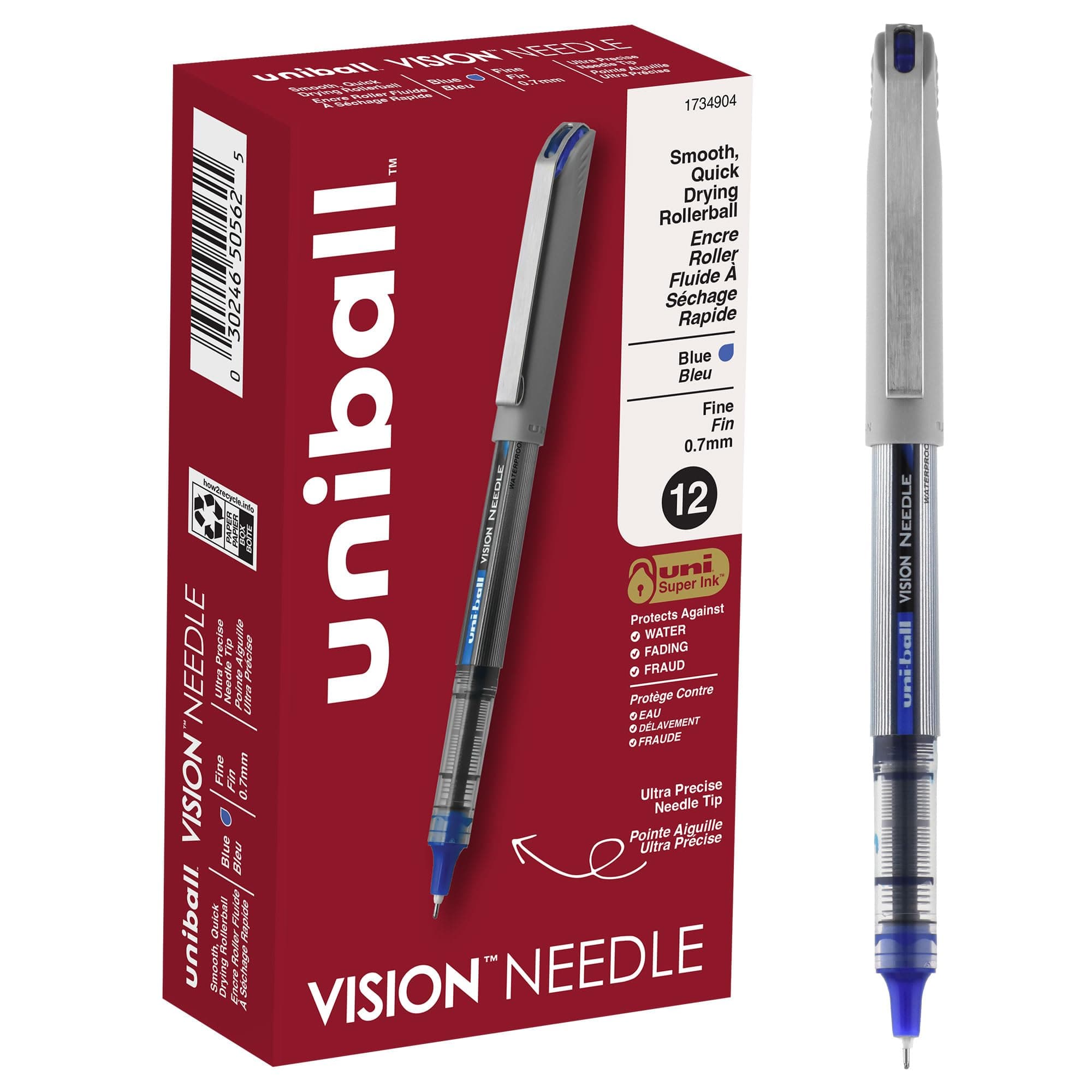 uni-ball Vision Needle Rollerball Pens, Fine Point (0.7mm), Blue, 12 Count