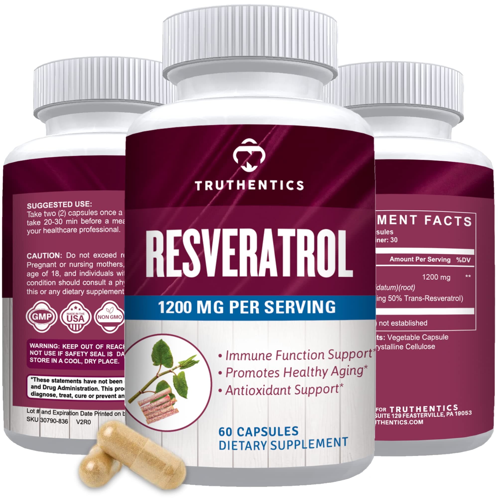 TRUTHENTICS Resveratrol Supplement 1200mg - Japanese Knotweed Capsules - High Potency Trans Resveratrol Nutritional Supplements for Healthy Aging, Vibrant Skin & Immune Health - 60 Vegan Capsules
