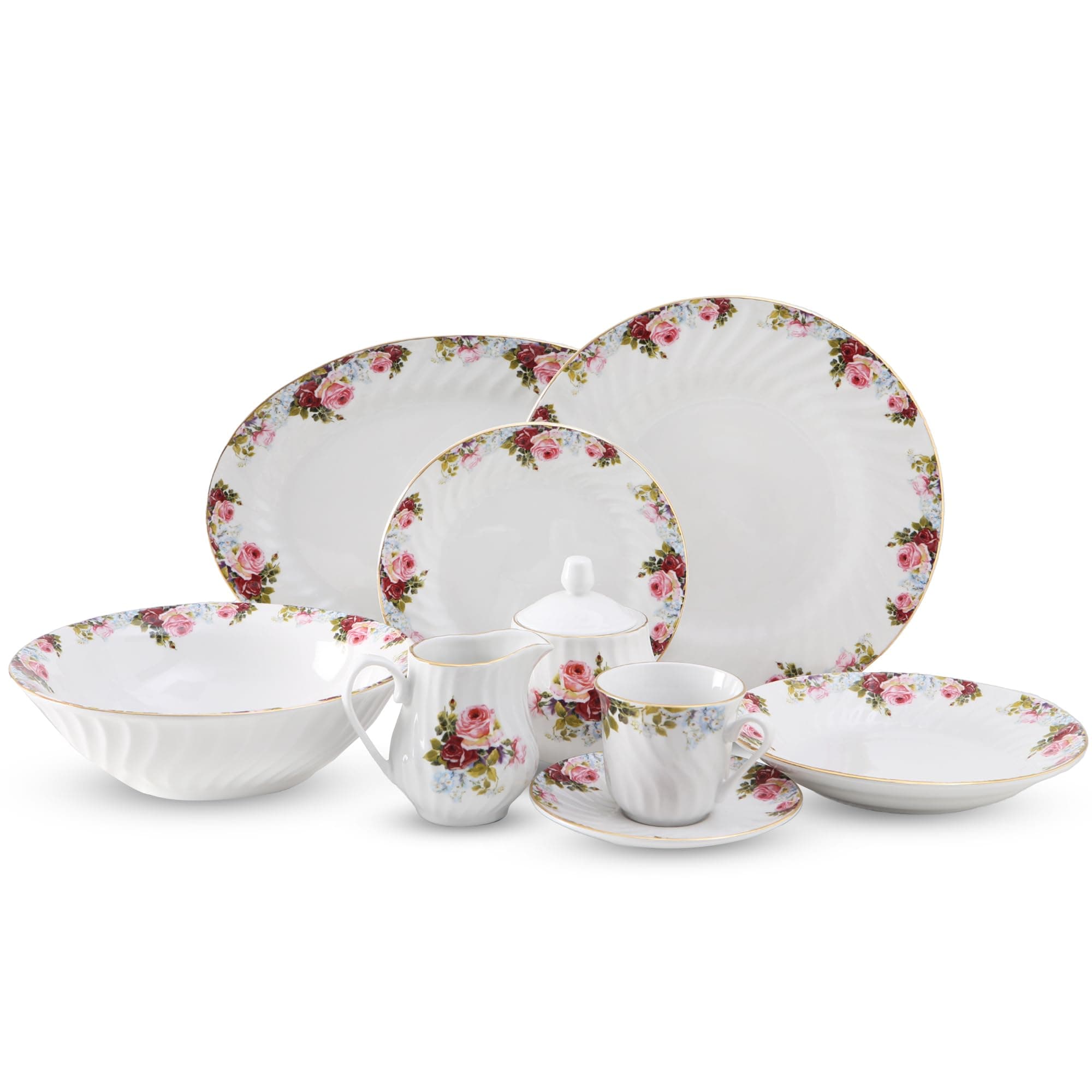 Lynns Paradise Philomena Floral 45-Piece Dinnerware Set | 24K Gold Trim | Embossed Swirl | Plates & Bowls Sets | Apartment Essentials | Home Kitchen Accessories | Floral Design