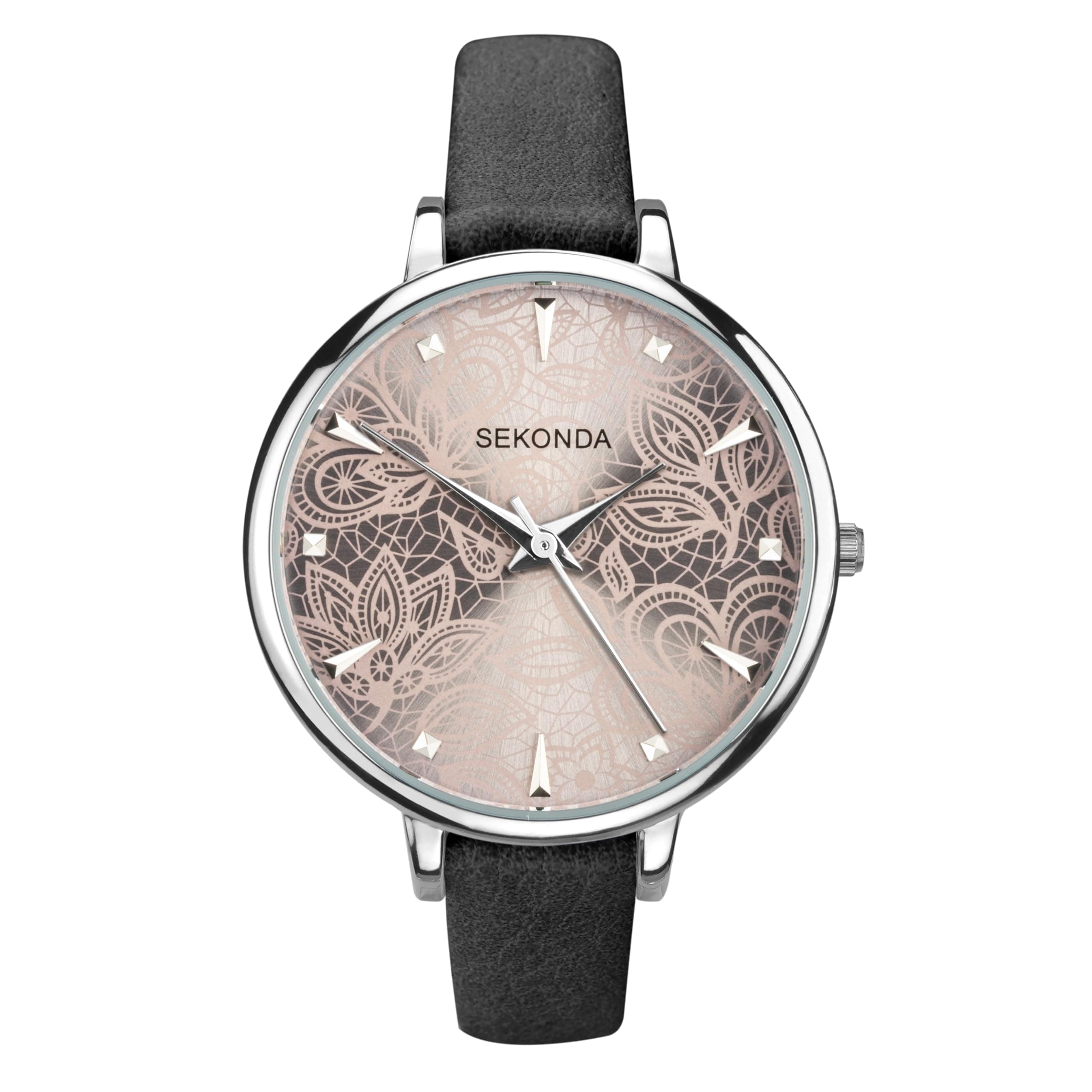 Editions 37mm Ladies Silver Case Watch Grey Lace Patterned Dial Three Hand Analogue Quartz with PU strap