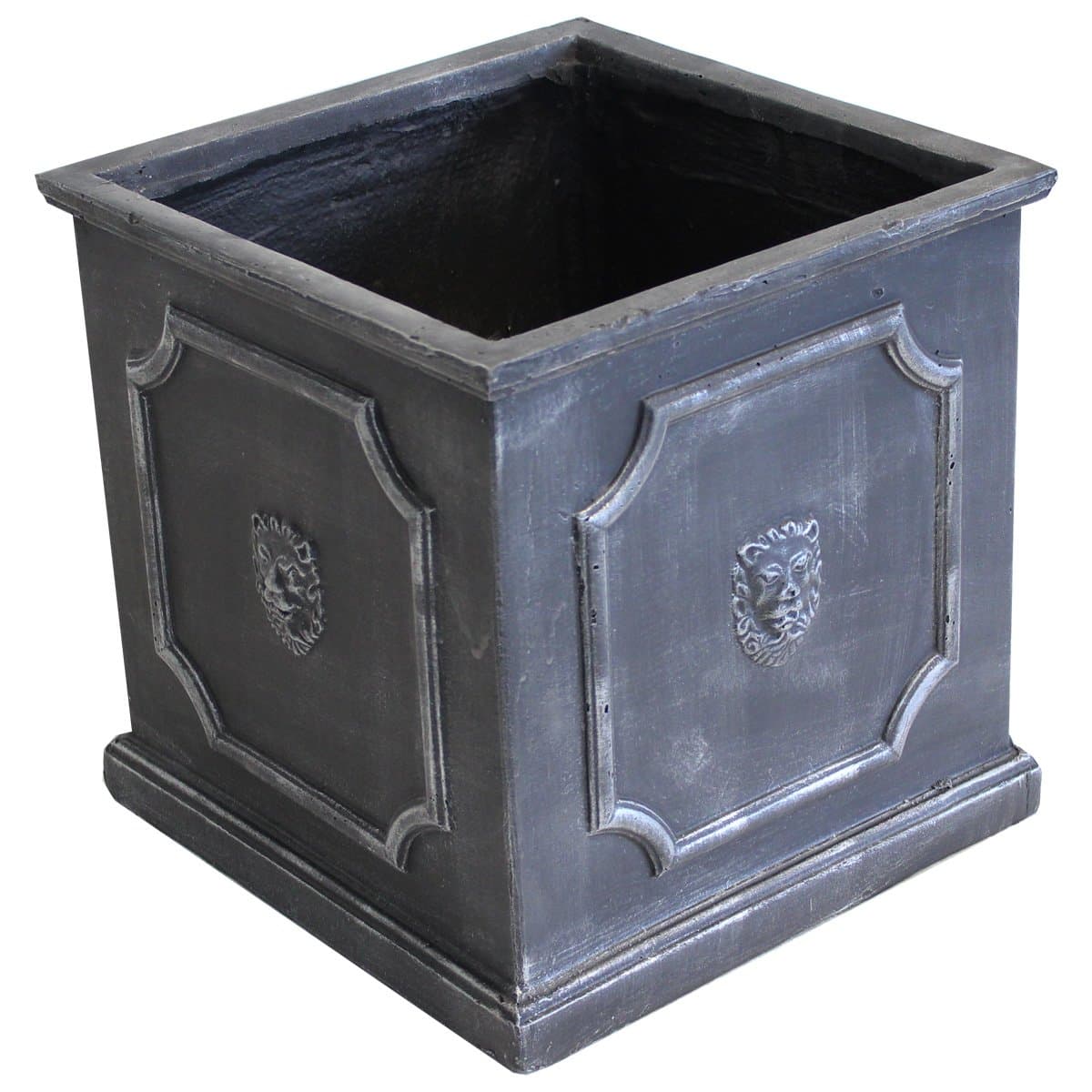 Suregreen Square Lion Head Design Outdoor Planter with Drainage Hole Fibreclay Lead Grey H38cm x W38cm x L38cm