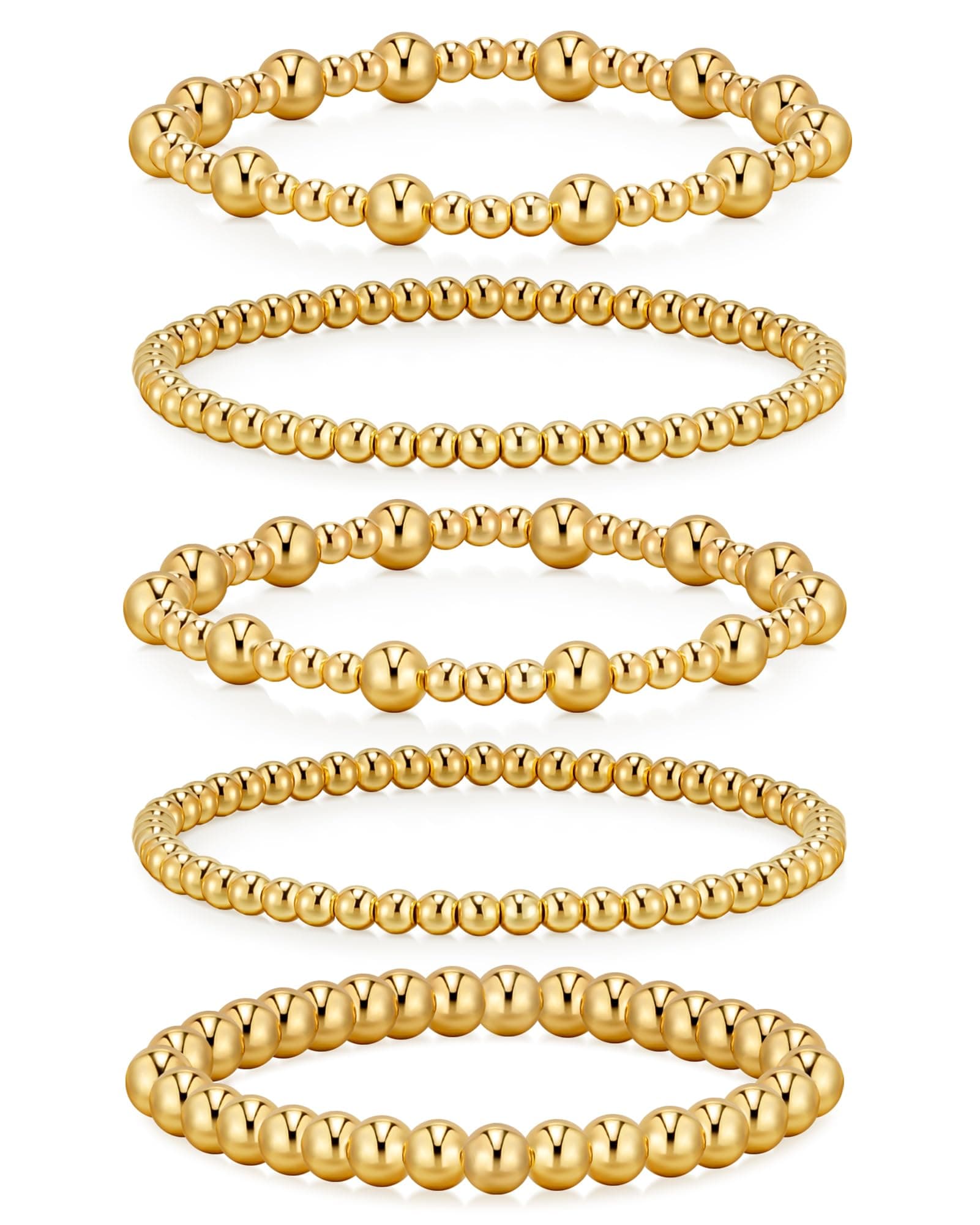 Gold Bracelets for Women, 5 Piece 14K Gold Plated Bracelet Stack Beaded Ball Jewelry Sets Gifts for Women