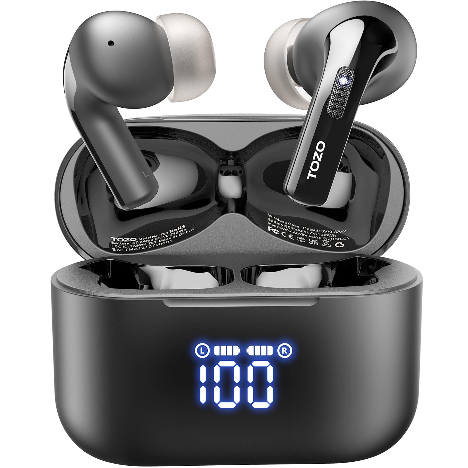 TOZO T20 Wireless Earbuds Bluetooth Headphones 48.5 Hrs Playtime with LED Digital Display, IPX8 Waterproof, Dual Mic Call Noise Cancelling 10mm Broad Range Speakers with Wireless Charging Case