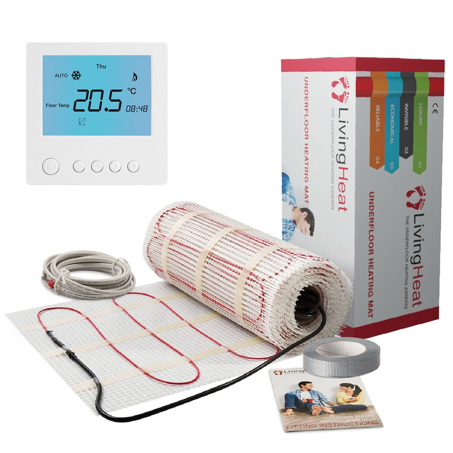 Underfloor Heating Mat Kit with Digital Thermostat 2.5sqm All Sizes Available. 150w/m2 Electric Under Tile Floor Heating with Lifetime Warranty and Next Day Delivery 2.5sqm White Digital Thermostat