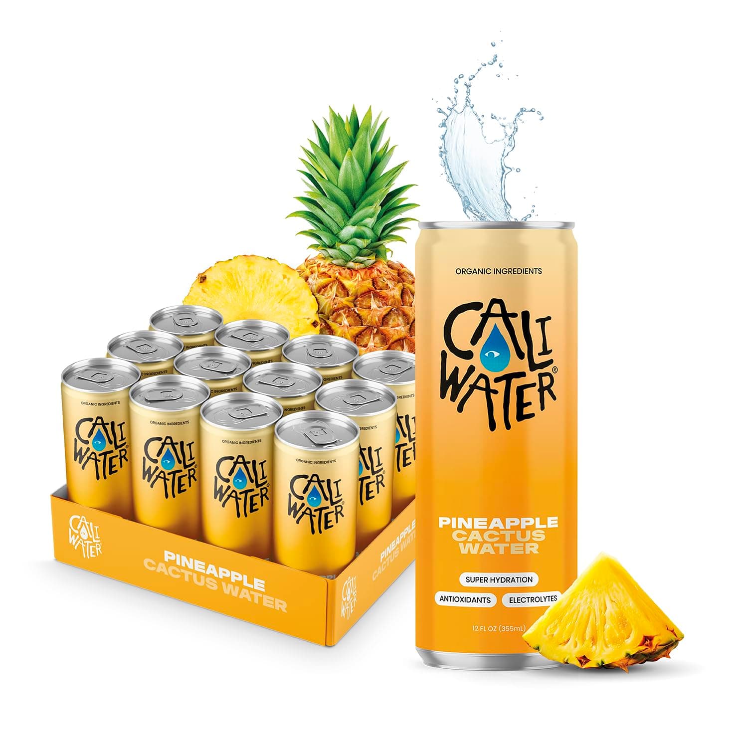 CALIWATER Organic Cactus Water 12 Pack (Pineapple) Coconut Water Alternative - 5 Electrolytes, 7g of Sugar, 35 Calories - Natural Plant Based Hydration - Skin Care Benefits - Non GMO - 12 fl oz