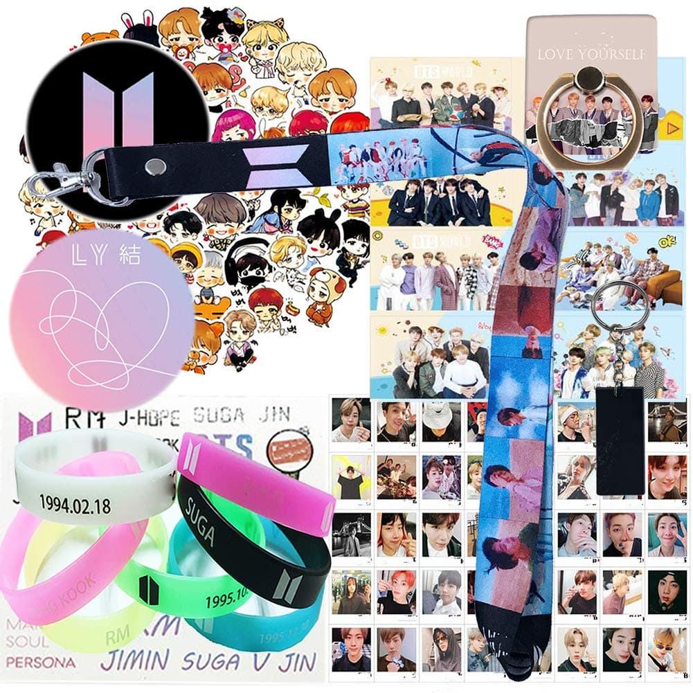 Fans Set - 1 Wristlet Lanyard Keychain, 8 Ins Cards, 7 Silicone Bracelet, 1 Phone Ring Stand, 1 Keychain, 40 Lomo Card, Set of 63 Piece Laptop Stickers, 2 Button Pin, 1 Tattoo Sticker