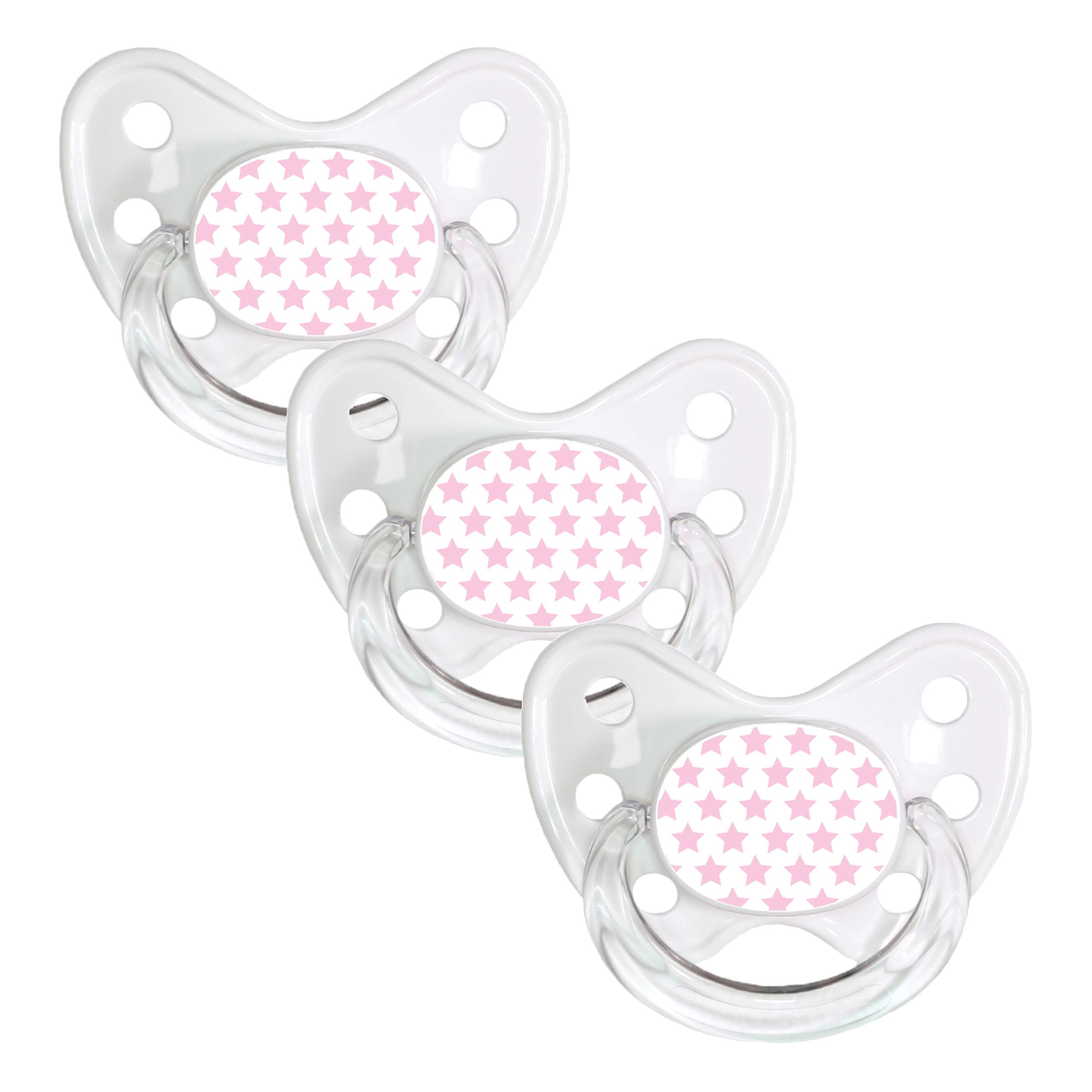 Dentistar® Silicone Soother Set of 3 - Size 2 for 6-14 Months - Tooth and Jaw Friendly Silicone Soother with Dental Step - White with Pink Star Motif - BPA Free Baby Accessories - Made in Germany