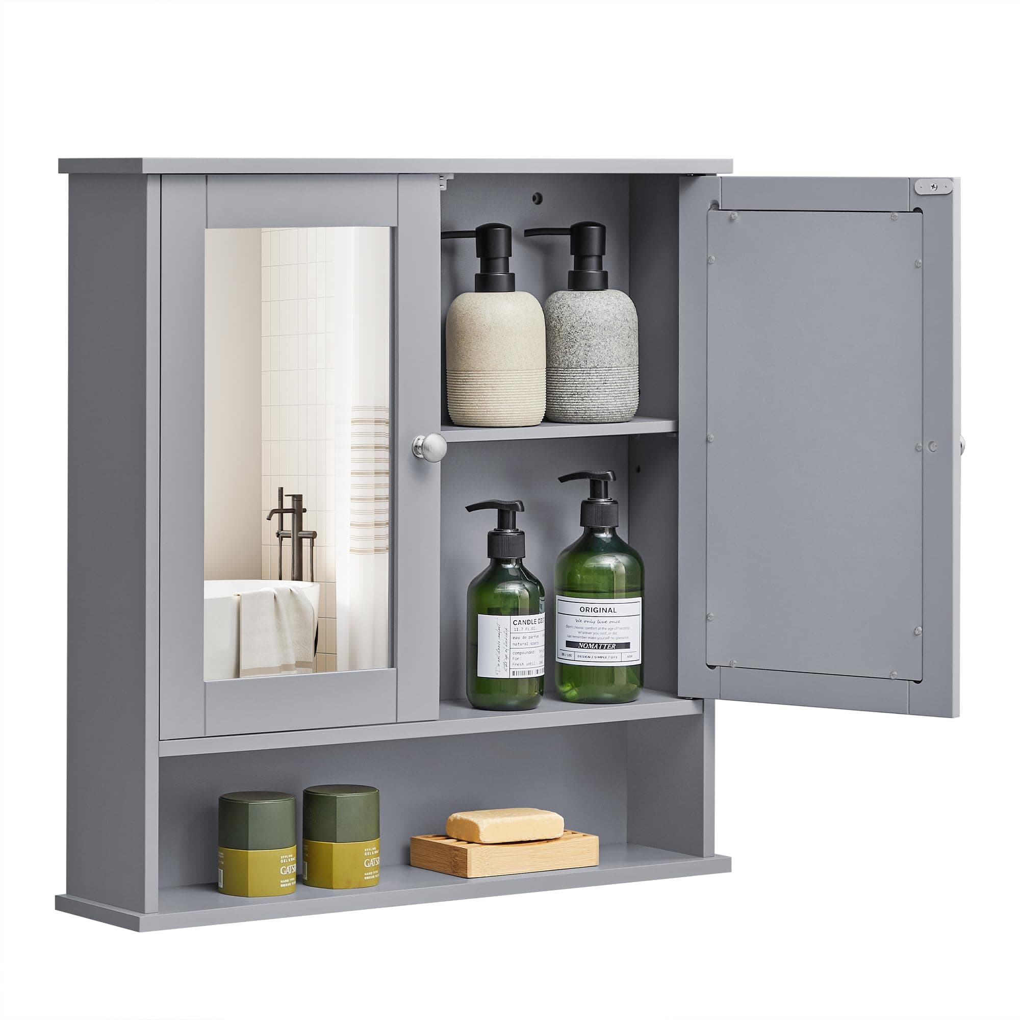VASAGLE Bathroom Cabinet with Mirror, Wall Cabinet with 2 Mirrored Doors, Adjustable Shelf, Open Compartment, Wall-Mounted, 5.1 x 22.2 x 23 Inches, Dove Gray ULHC002G02