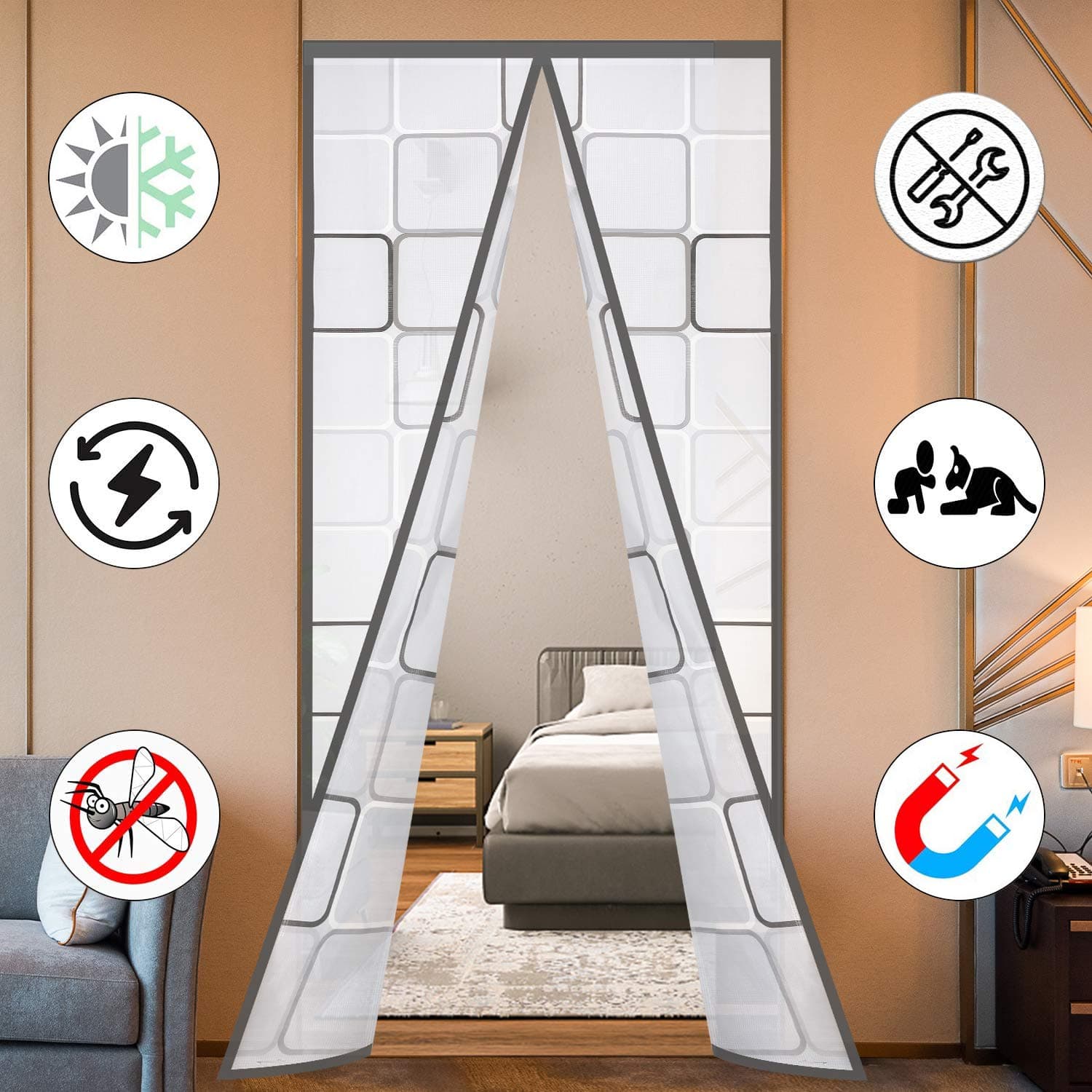 Insulated Door Curtain, Thermal Magnetic Self-Sealing EVA Door Screen Winter Stop Draft Keep Cold Out Cover for Kitchen, Bedroom, Air Conditioner Room,Hands Free,Fits Doors up to 34" x 80", Grey