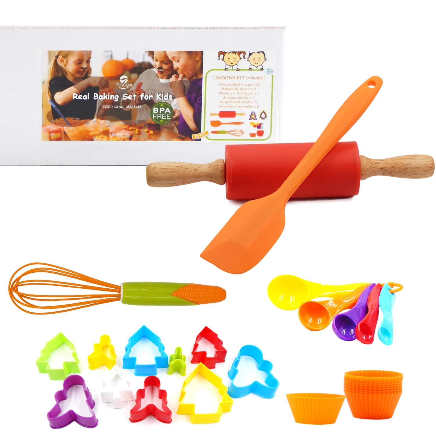 TOSSOW Kids Baking Tools Set Cupcake Pop Maker with Rolling Pin,Muffin cups,Measuring Spoons,Cooking Baking Supplies 28-Piece Kids Baking Kits