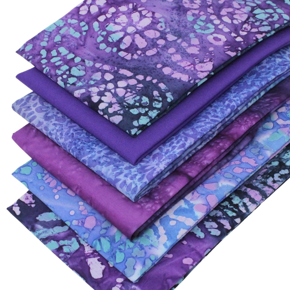 6 Fat Quarters Batik Bundle - 'Purple Vision' A Stunning Set of Batik & Plain Solid Fabrics in Purple & Blue. 100% Cotton. Ideal for Quilting & Crafting. (Free Patchwork Pattern by Overdale Fabrics)