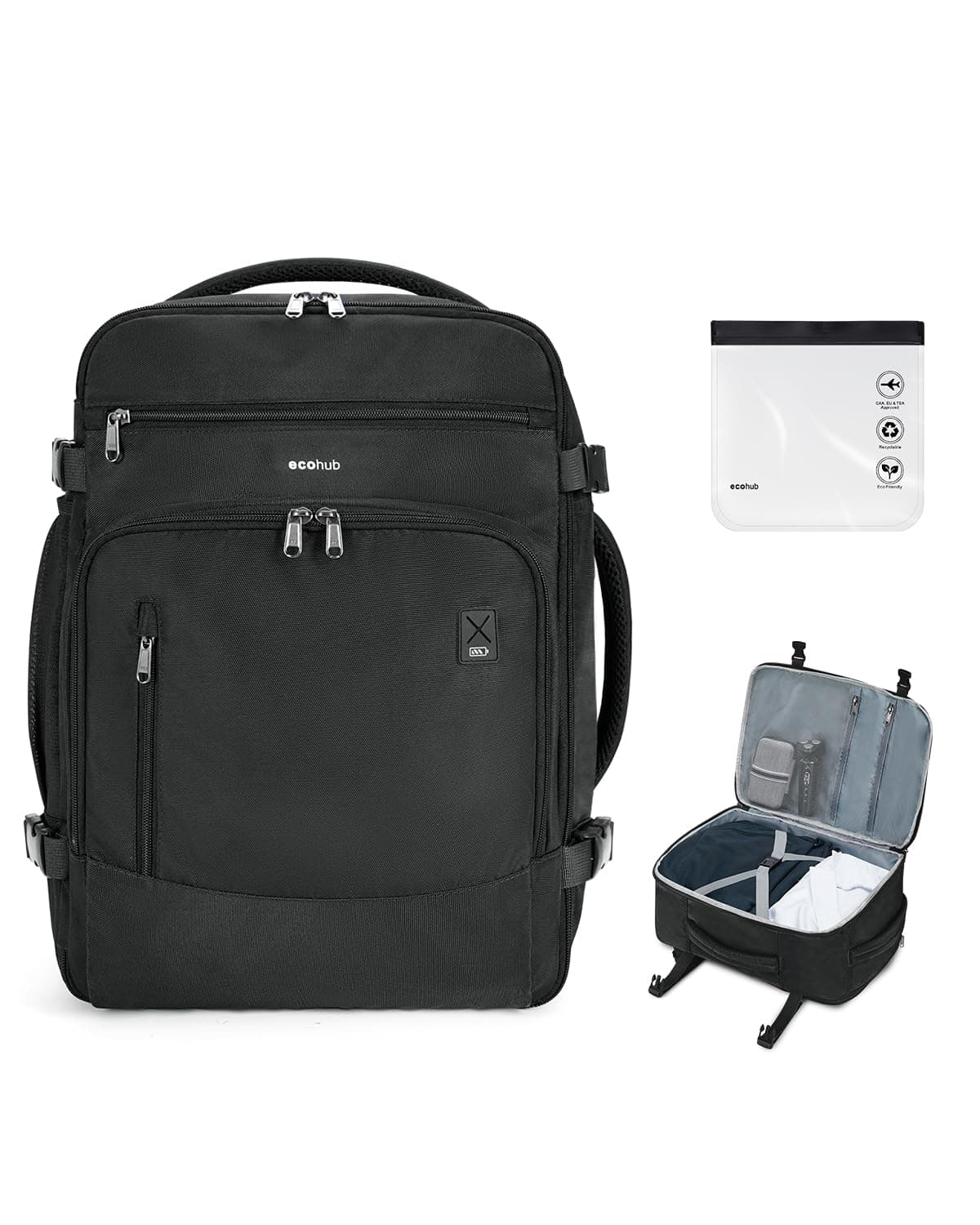 Easyjet Cabin Bag 45x36x20 Underseat Bag with Clear Toiletry Bag Travel Backpack Large Front Organizational Pocket Hand Luggage Recycled PET Eco Friendly Carry On Bag for Women & Men 30L Black