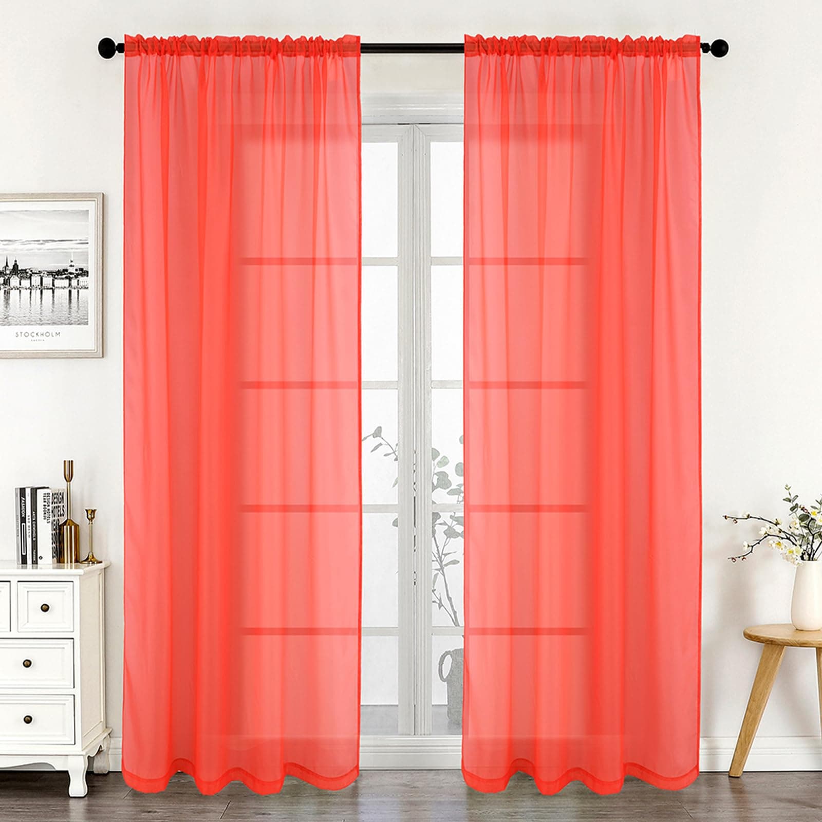 Tony's collection Coral Sheer Curtains 63 Inch, Textured Voile Sheer Curtain Drapes for Bedroom Set of 2 Panels Rod Pocket Top for Small Window(34x63 Inch, Coral,2 Panels)