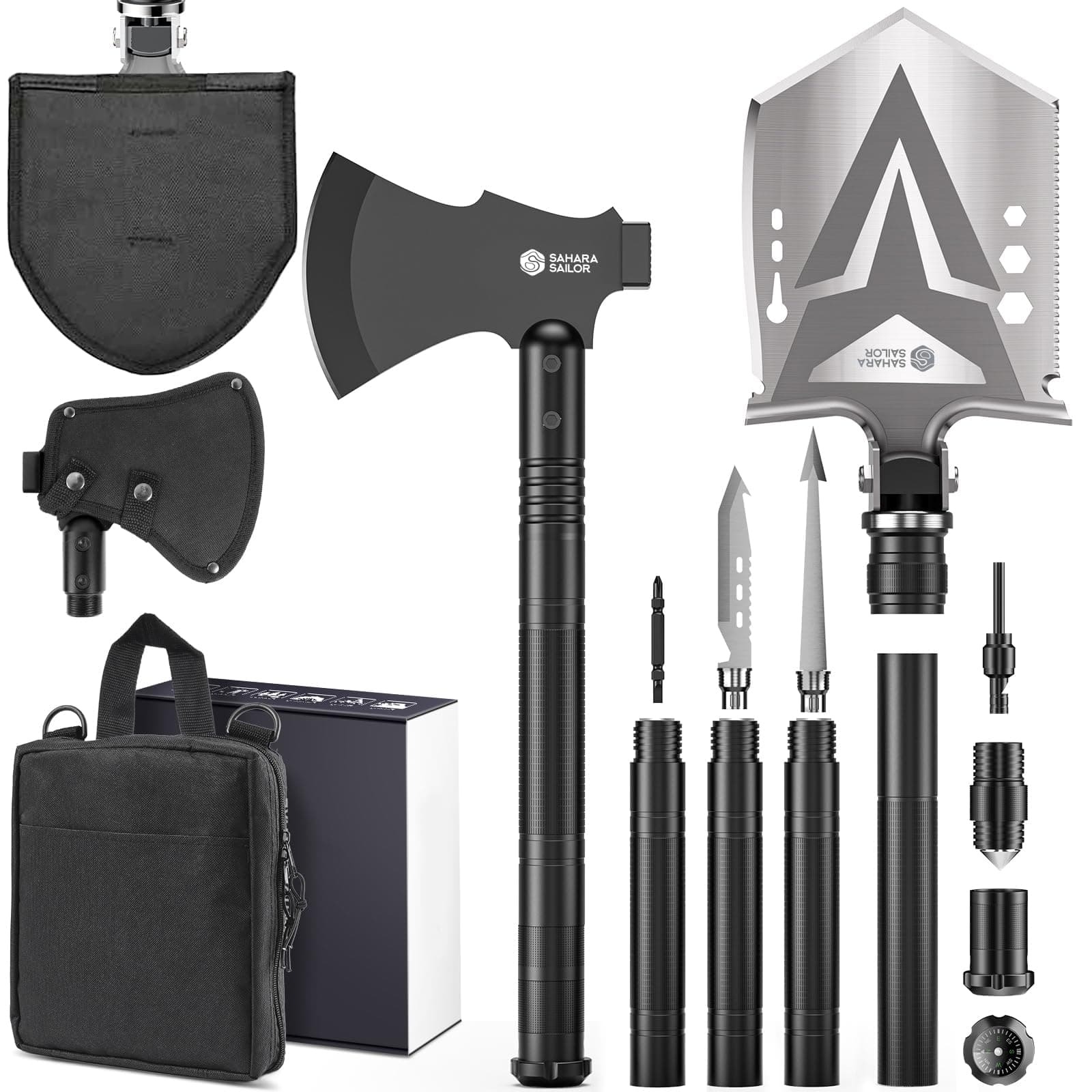 Sahara Sailor Survival Axe, Camping Folding Shovel with Hatchet with Large Shovel Head and 1.6-3.1 Ft Extented Handles, High Carbon Steel Survival Gear Equipment, Storage Bag Included
