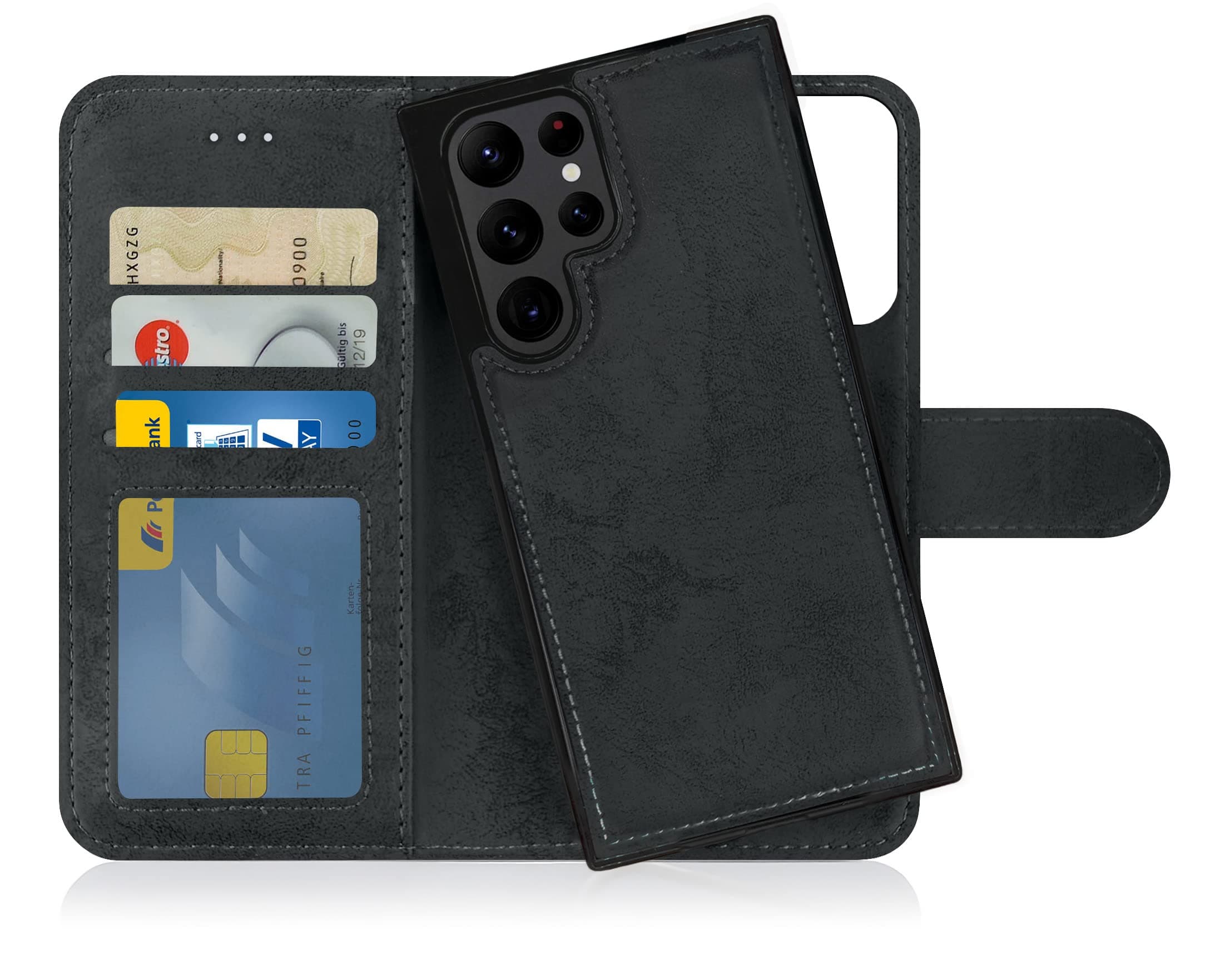 MyGadget 2 in 1 Wallet Case for Samsung Galaxy S22 Ultra 5G - Magnetic PU Leather Flip Cover w / Card Slots & Detachable Back Slim TPU Bumper Shell Black