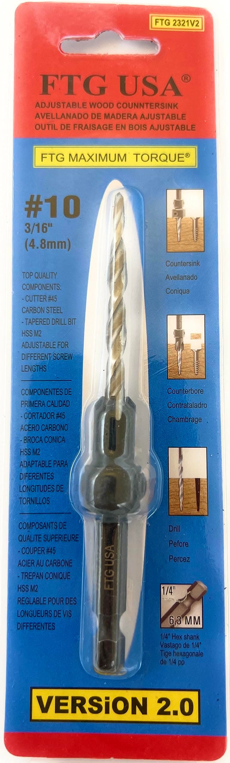 FTG USA Wood Countersink Tapered Drill Bit #10 (3/16") Adjustable Depth Woodworking Taper Point High Speed Steel HSS M2 with ¼” Quick Change Shank