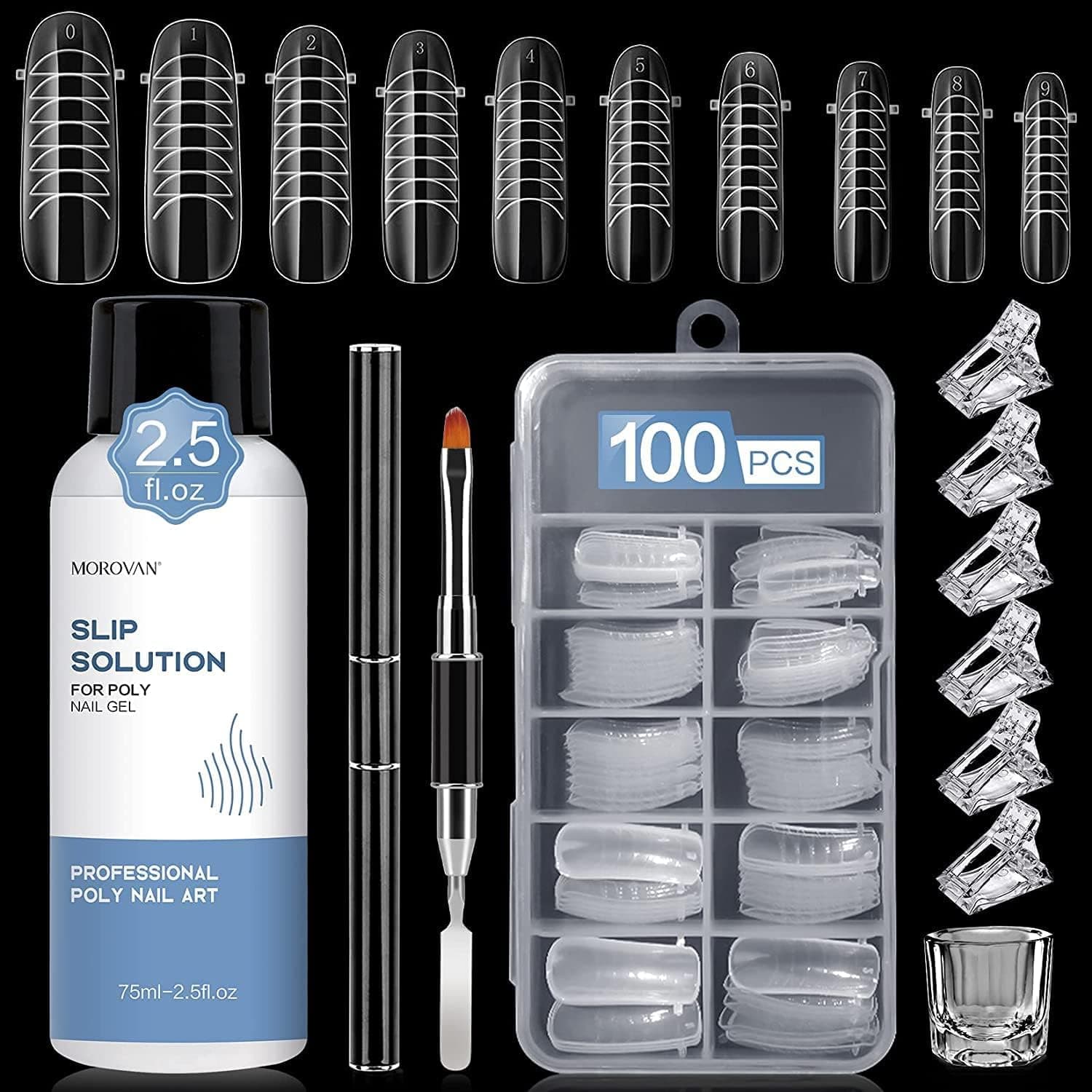 Nail Slip Solution Kit: 2.5 OZ Anti‑Stick Gel Liquid for PolyGel Nails with Dual‑Ended Brush & Nail Forms Ideal Easy Spread for Beginners