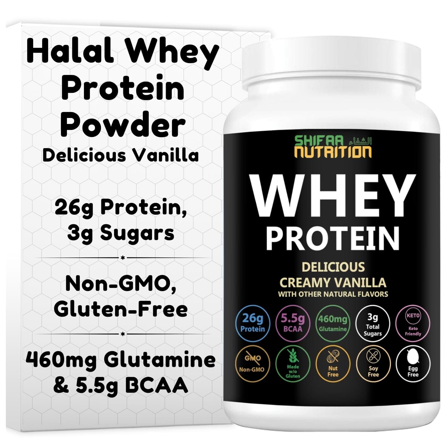 Delicious Creamy Vanilla Halal Whey Protein Powder 2Lbs | 26g Protein, 5500mg BCAAs, and 460mg Glutamine | for Recovery & Lean Muscles | Gluten-Free | Non-GMO | Keto-Friendly |