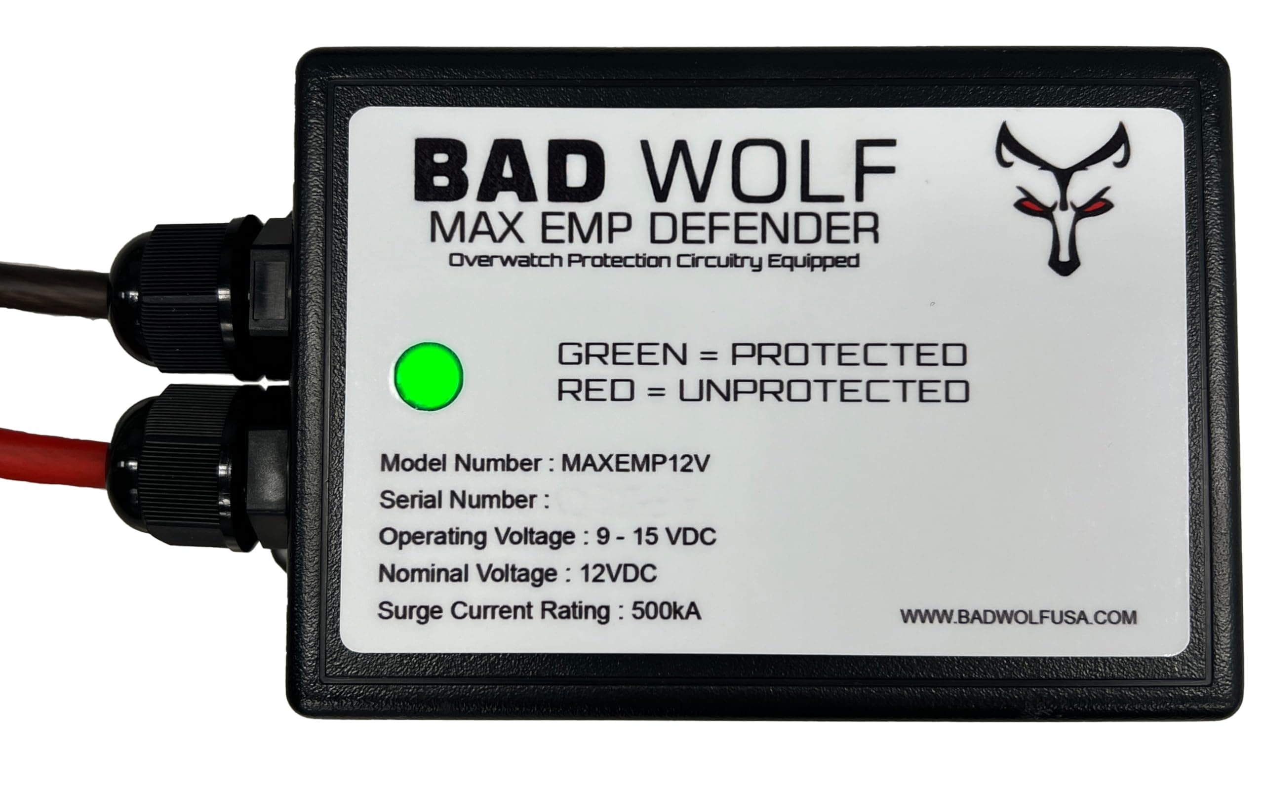 MAXEMP12V Max EMP Defender 12V 500kA Surge Protector Built with MOV, TVS, and GDT Technology. 8 AWG Wire to Protect Your Vehicle from EMP, CME and Solar Flares and More.