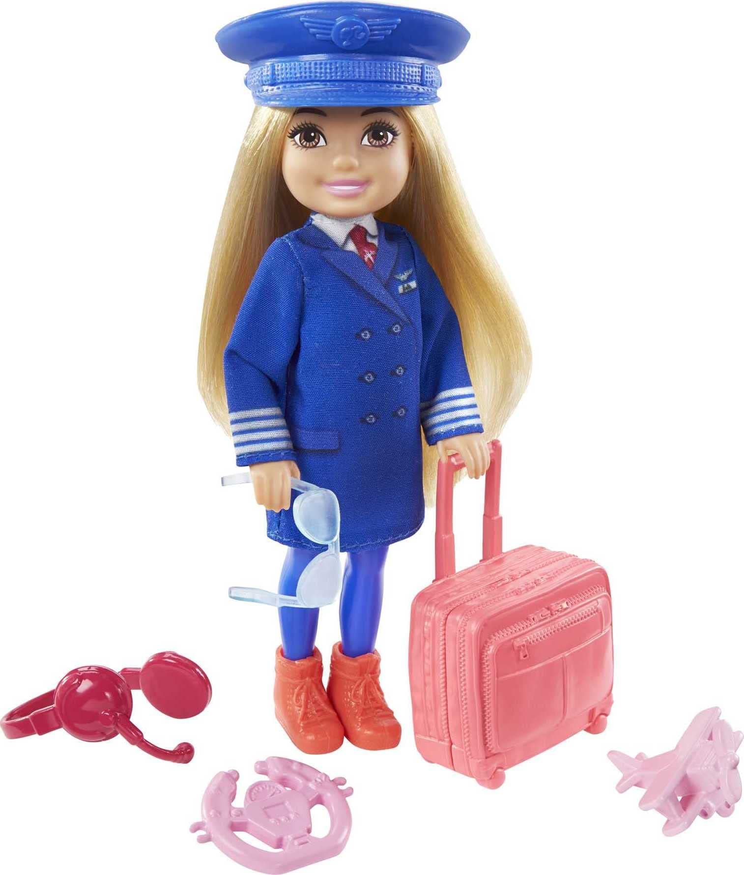 Chelsea Can Be Playset with Blonde Chelsea Pilot Doll (6-in), Luggage, Headset, Cockpit Wheel, Mini Plane, Glasses, Great Gift for Ages 3 Years Old & Up