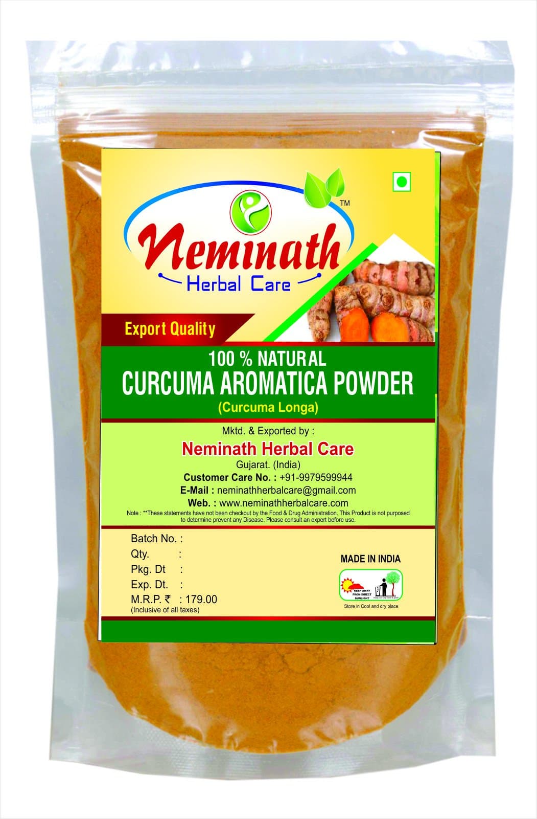 Neminath Turmeric Powder For Face (CURCUMA AROMATICA) | 100% Natural & Pure | Turmeric Rhizome (Curcuma Longa) Powder for YOUNGER LOOKING SKIN | 100 Grams - Pack of 1