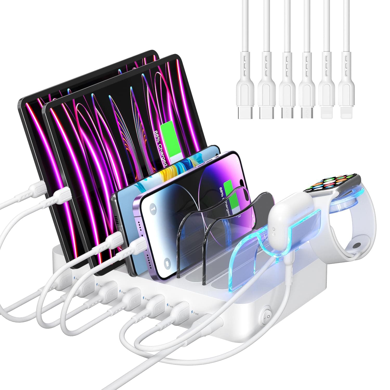 SooPii Premium 6-Port USB Charging Station Organizer for Multiple Devices, 6 Short Charging Cables and One Upgraded i-Watch Charger Holder Included, for Phones, Tablets, and Other Electronics, White