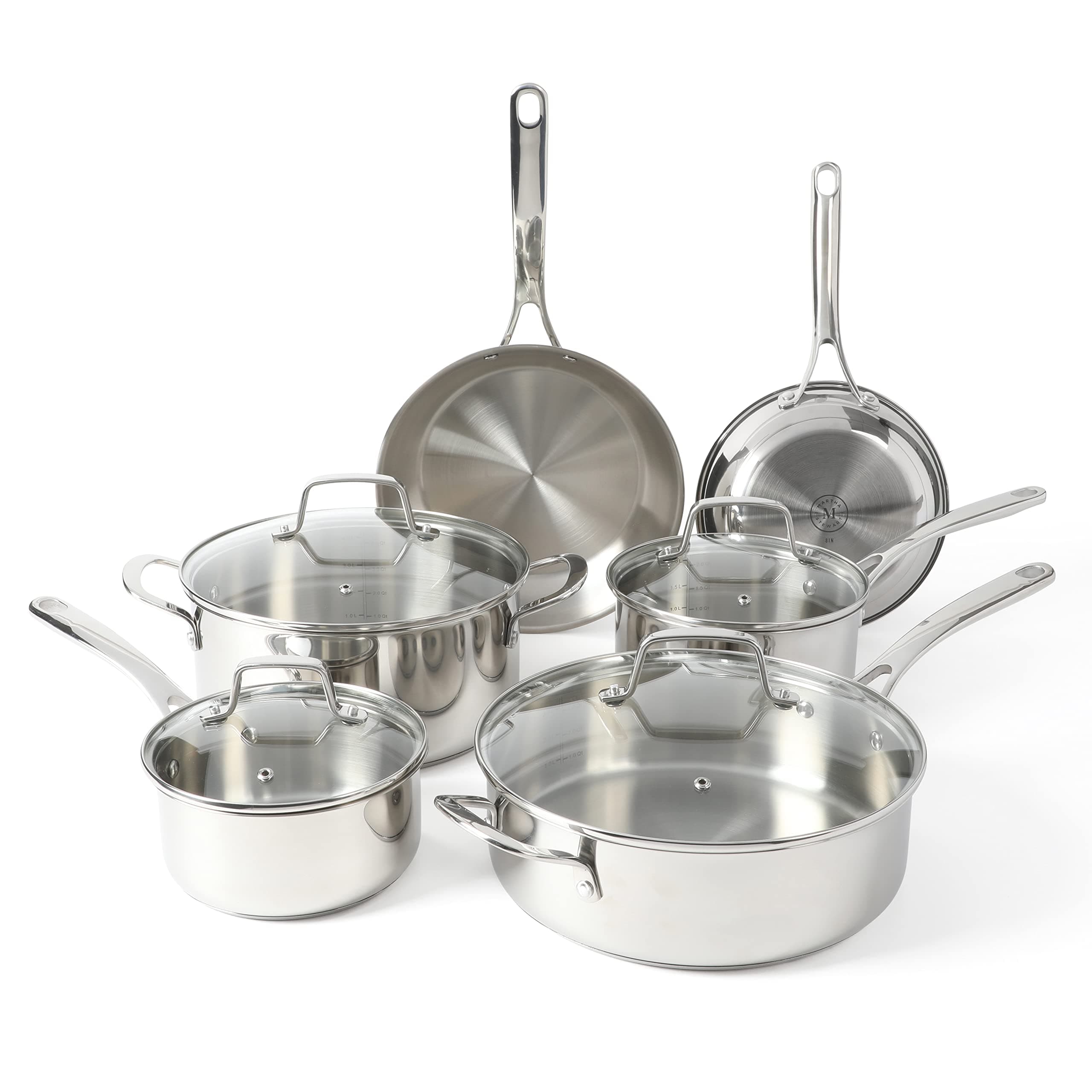 Castelle 10 Piece 18/8 Durable Stainless Steel Induction Safe Non-Toxic Triply Bottom Kitchen Pots and Pans Cookware Set - Dishwasher Safe
