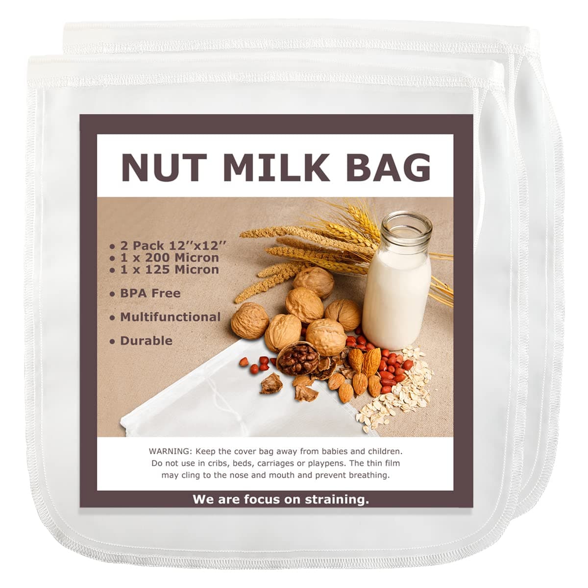 SCENGCLOS Nut Milk Bags, 12"x12", 2 Pack, Reusable Nylon Food Strainer, Multi-use Food Grade Filter for Almond Milk, Juice, Tea, Cold Brew Coffee(1x200 Micron & 1x125 Micron)