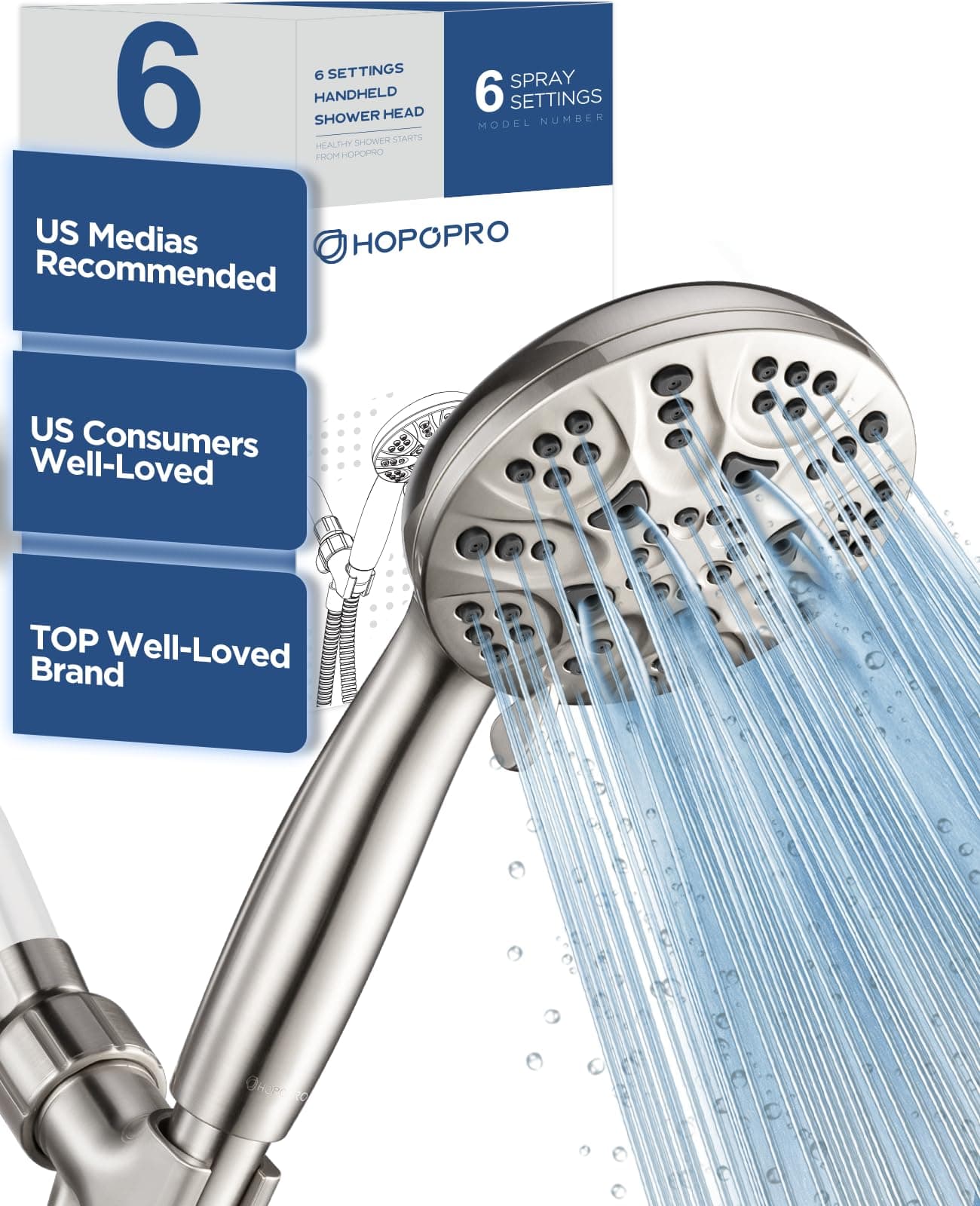 6-Mode High Pressure Handheld Shower Head Set, Consumer Reports Recommended HOPOPRO High Flow Hand Held Showerhead with 59 Inch Hose Bracket Teflon Tape Rubber Washers