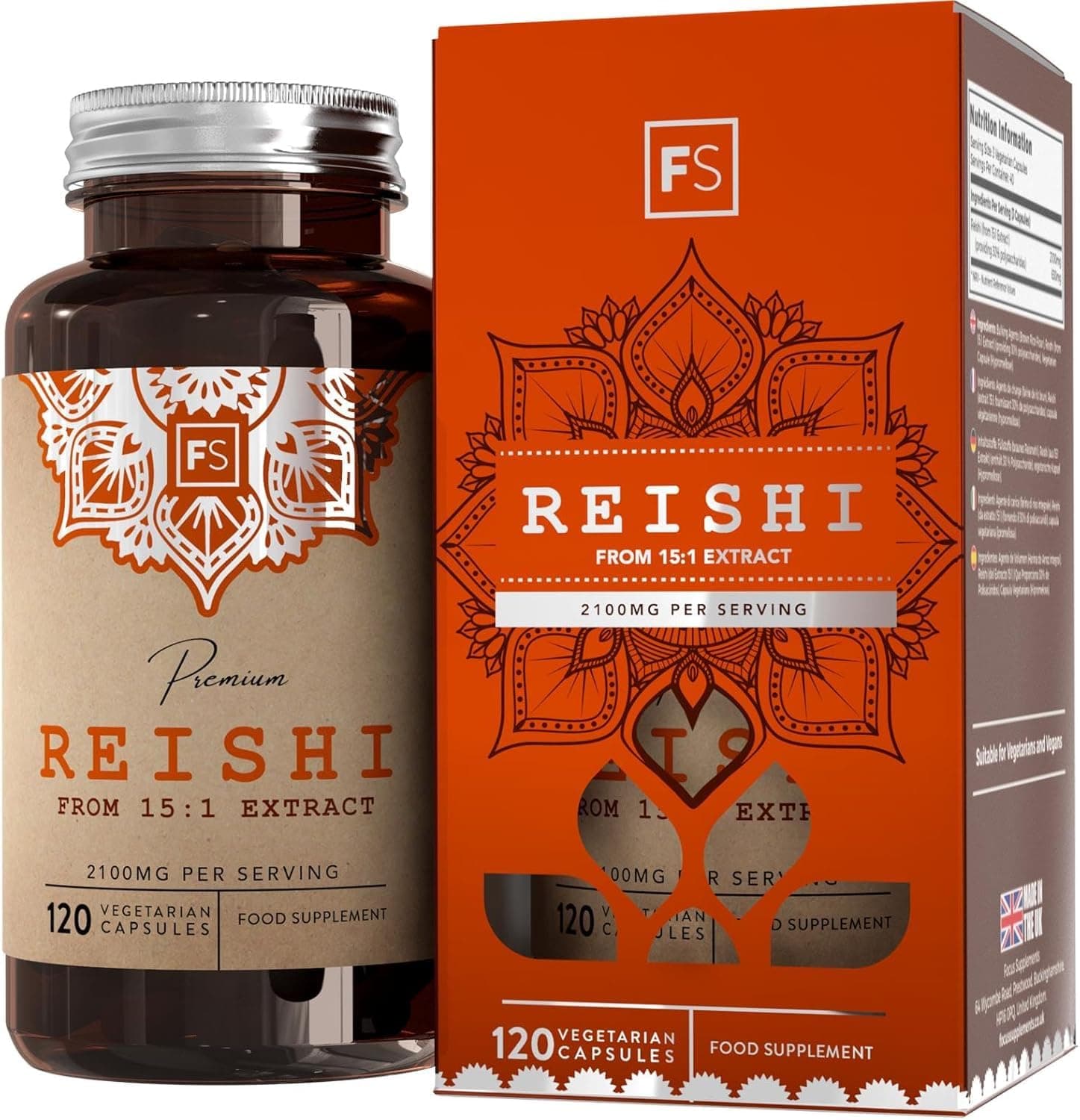 FS Reishi Mushroom Capsules | 120 Reishi Mushroom Capsules - 2100mg (15:1 Extract) per Serving | High Strength Supplement | Non-GMO & Allergen Free | Made in The UK