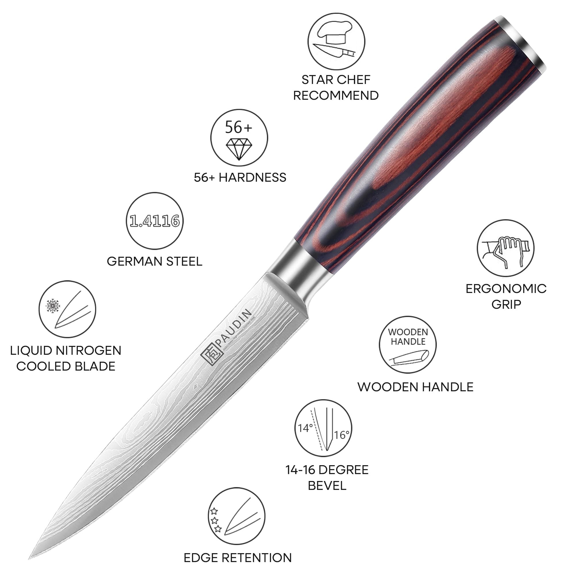 Utility Knife - PAUDIN 5 inch Chef Knife German High Carbon Stainless Steel Knife, Ergonomic Handle with Gifted Box