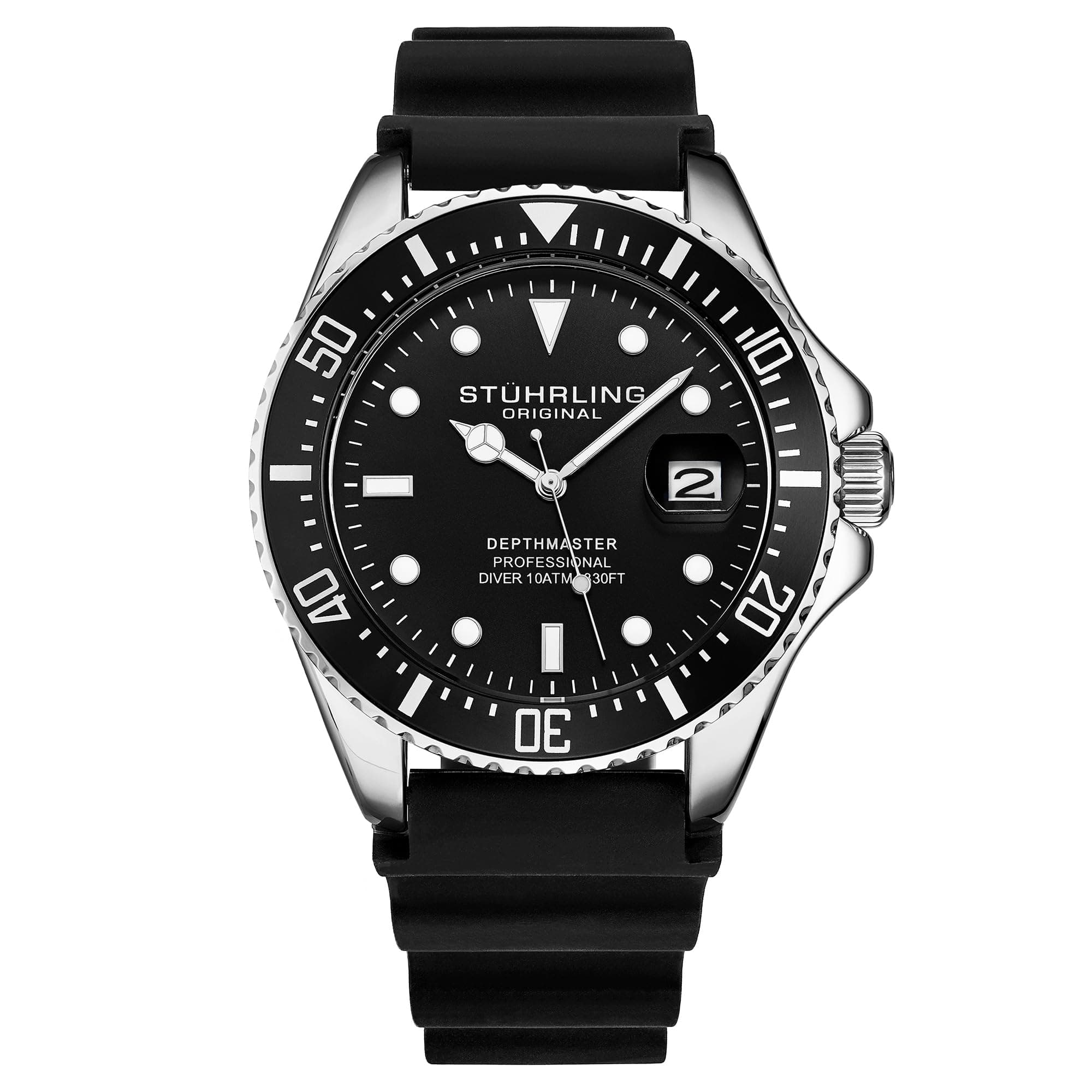 Stuhrling Original Men's Watch Dive Watch Silver 42 MM Case with Screw Down Crown Rubber Strap Water Resistant to 330 FT