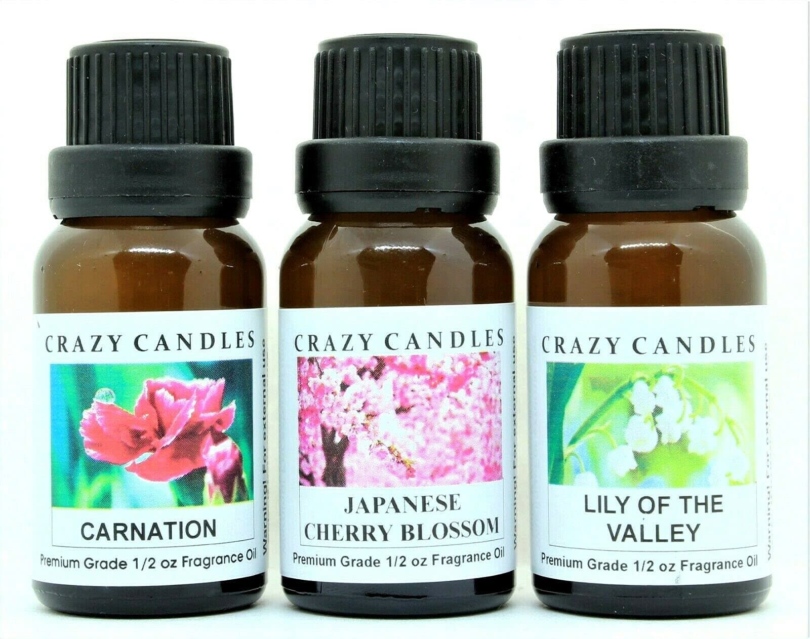 Crazy Candles3 Bottles Set, 1 Carnation, 1 Japanese Cherry Blossom, 1 Lily of The Valley 1/2 Fl Oz Each (15ml) Premium Grade Scented Fragrance Oils
