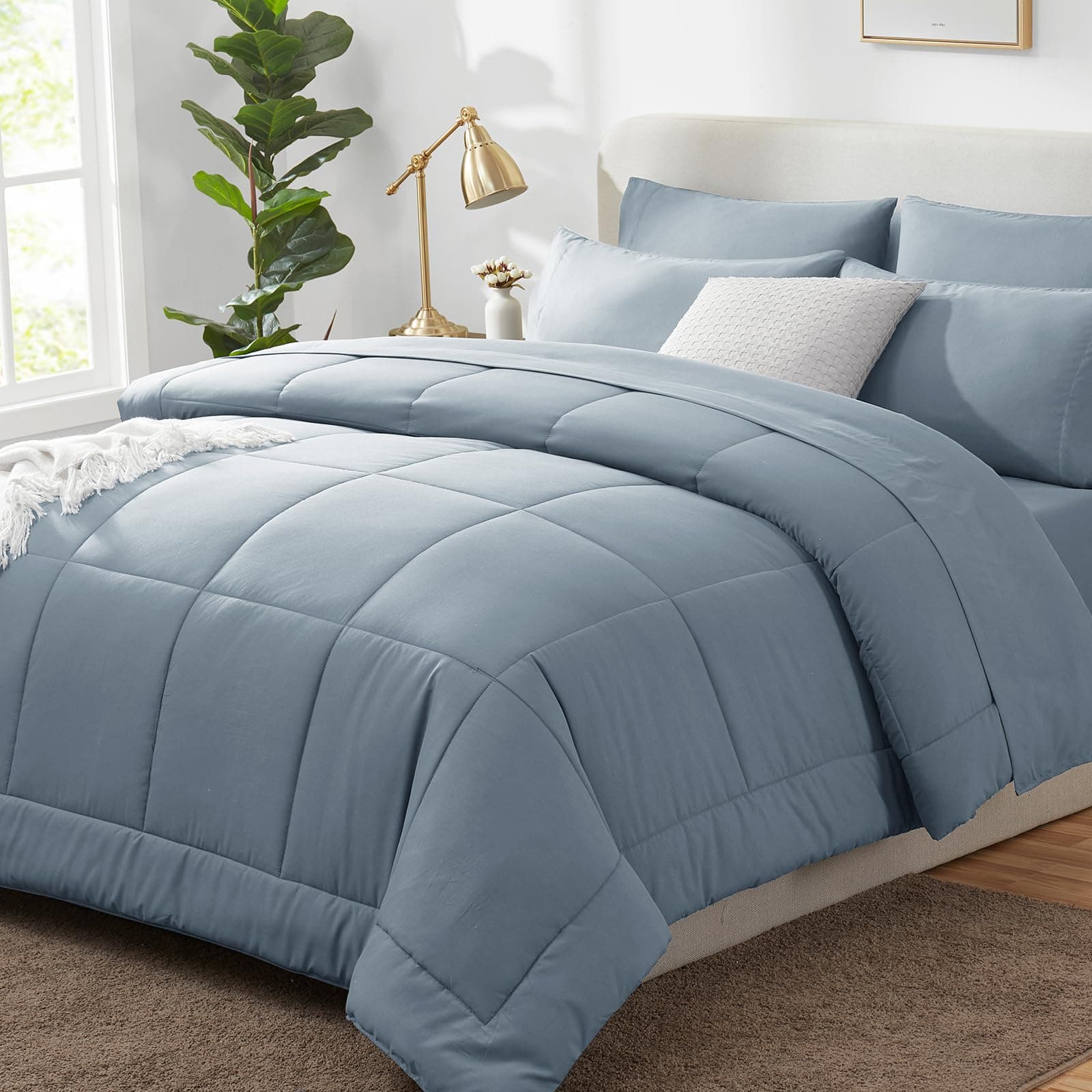 CozyLux Twin Comforter Set with Sheets Grayish Blue, 5 Pieces Bed in a Bag, Dusty Blue Comforter Twin Size, All Season Bedding Set with Stitch Quilted Comforter, Flat Sheet, Fitted Sheet, Pillowcases