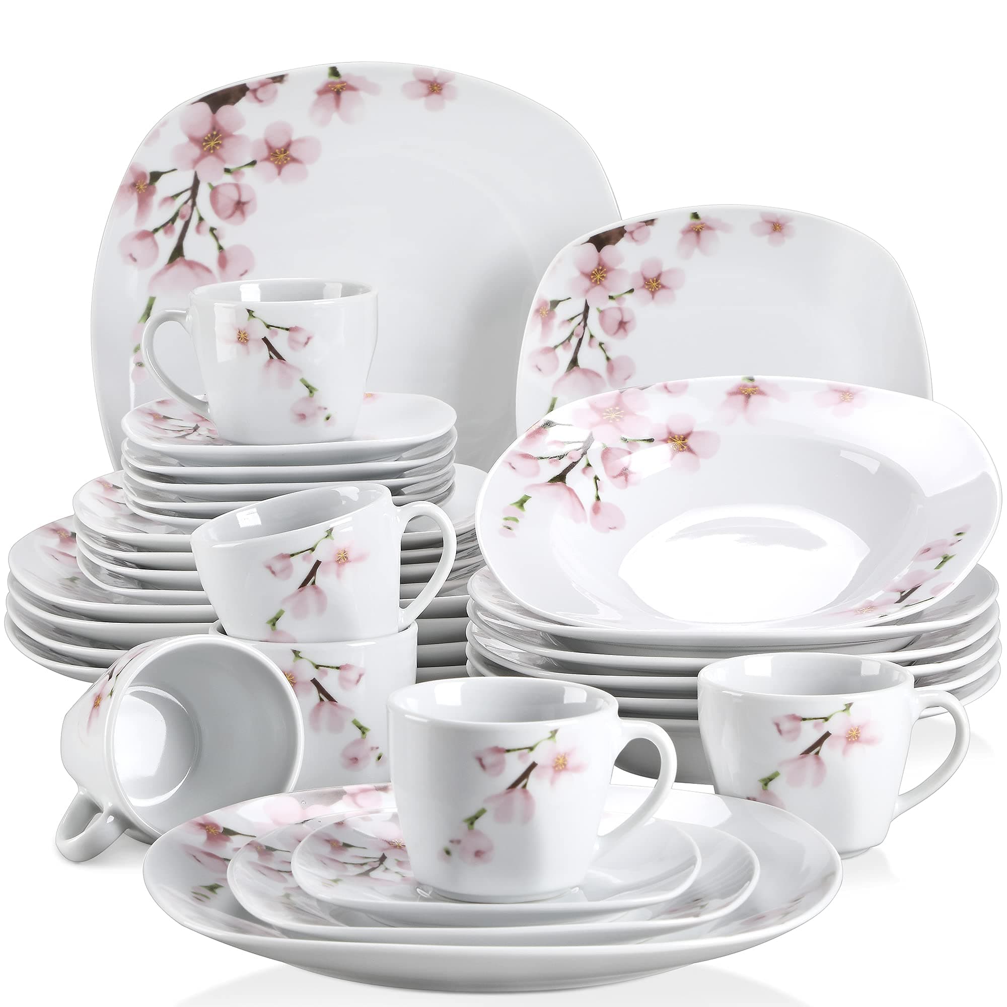 VEWEET 'Annie' 30-Piece Dinner Set, Ivory White Dinnerware Set, Pink Floral Tableware Set of Porcelain Plate Set, Cups and Saucers Set Service for 6, Dishwasher & Microwave Safe