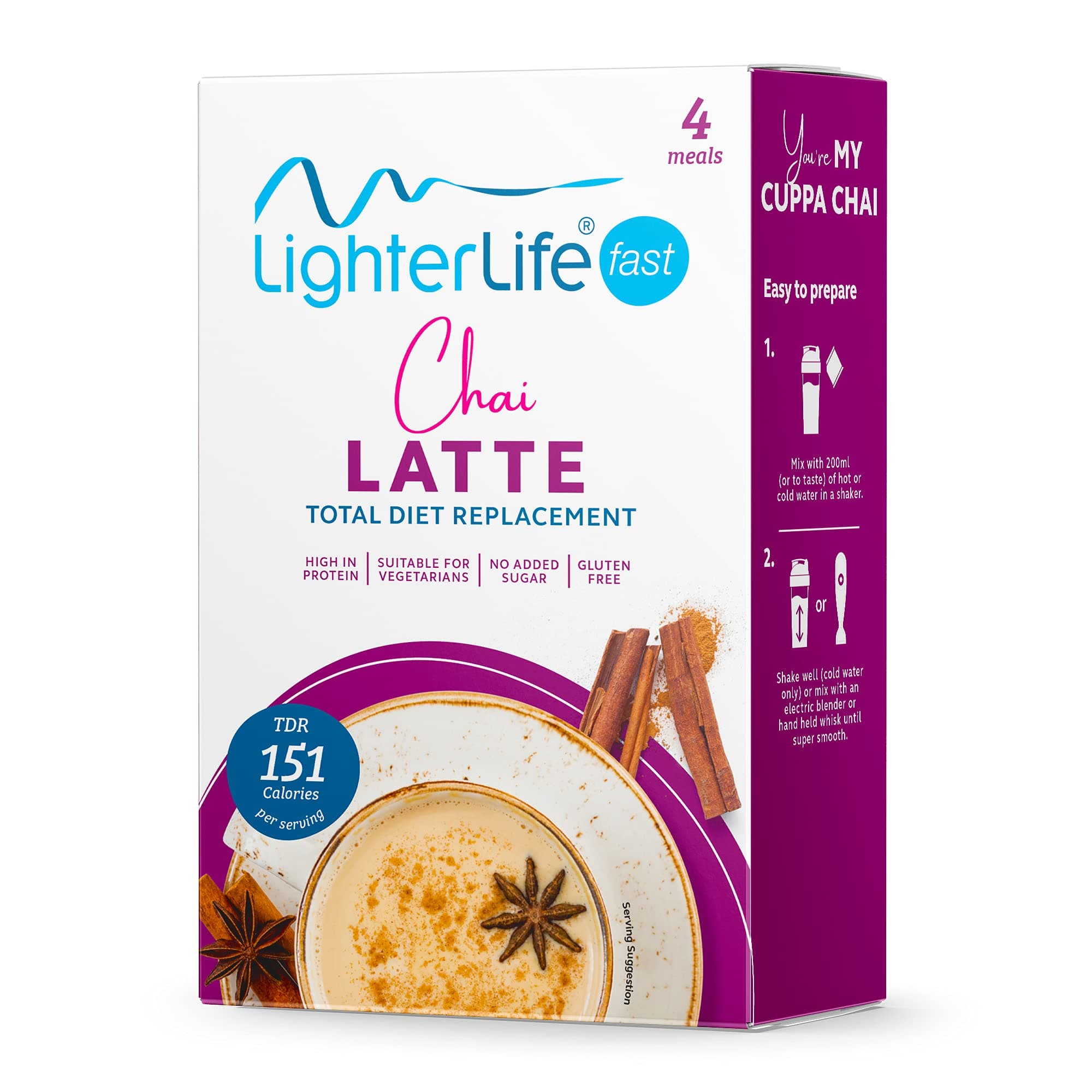 LighterLife Chai Latte Shake, Gluten Free, High Protein Powder Meal Replacement, 4 x 40g Servings per Box