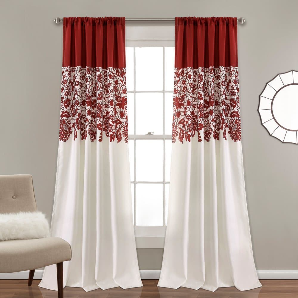 Estate Garden Print Curtains Room Darkening Window Panel Set for Living, Dining, Bedroom (Pair), 84” x 52”, Red