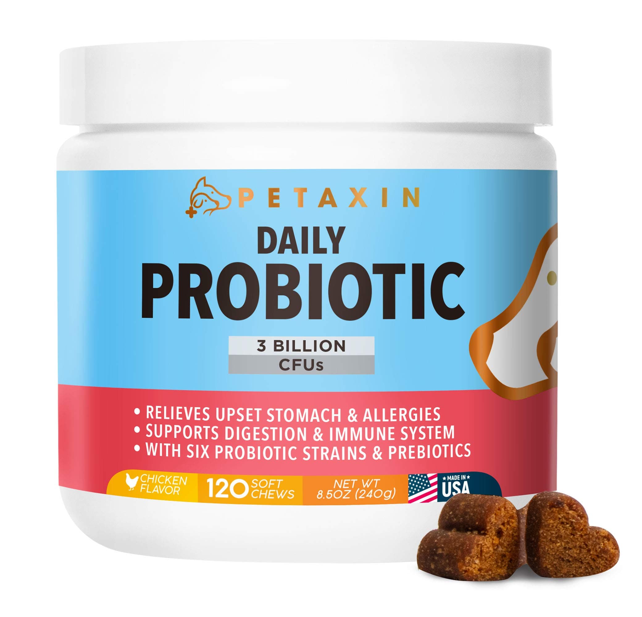 Probiotics for Dogs - 6 Strains with Prebiotics - Supports Digestive and Immune System – Relief for Diarrhea, Bad Breath, Allergies, Gas, Constipation, Hot Spots - Made in USA - 120 Chews