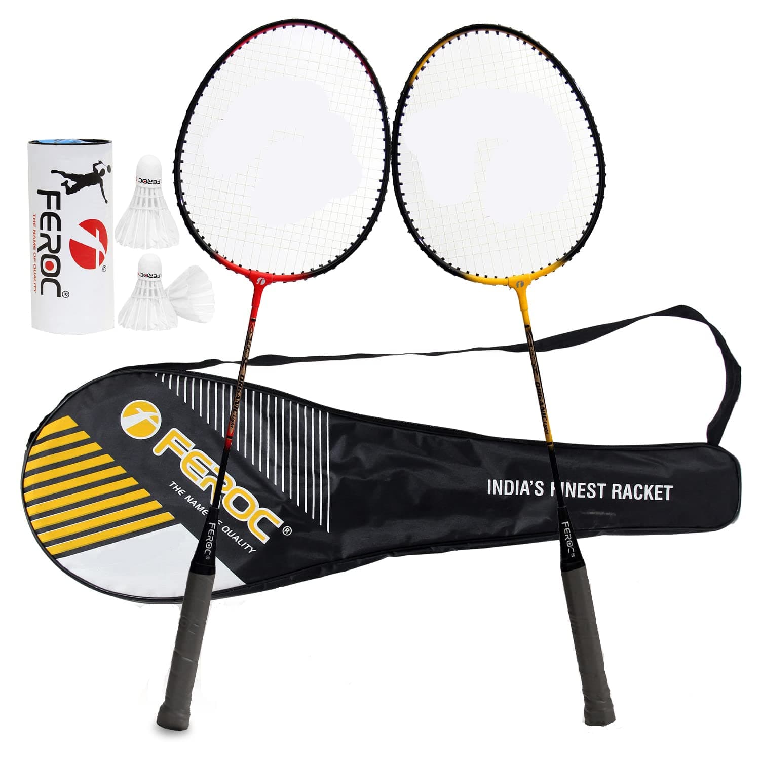 Feroc Organic Light Badminton Racket Aluminum Set of 2 with 3 Pieces Feather shuttles with Full Cover
