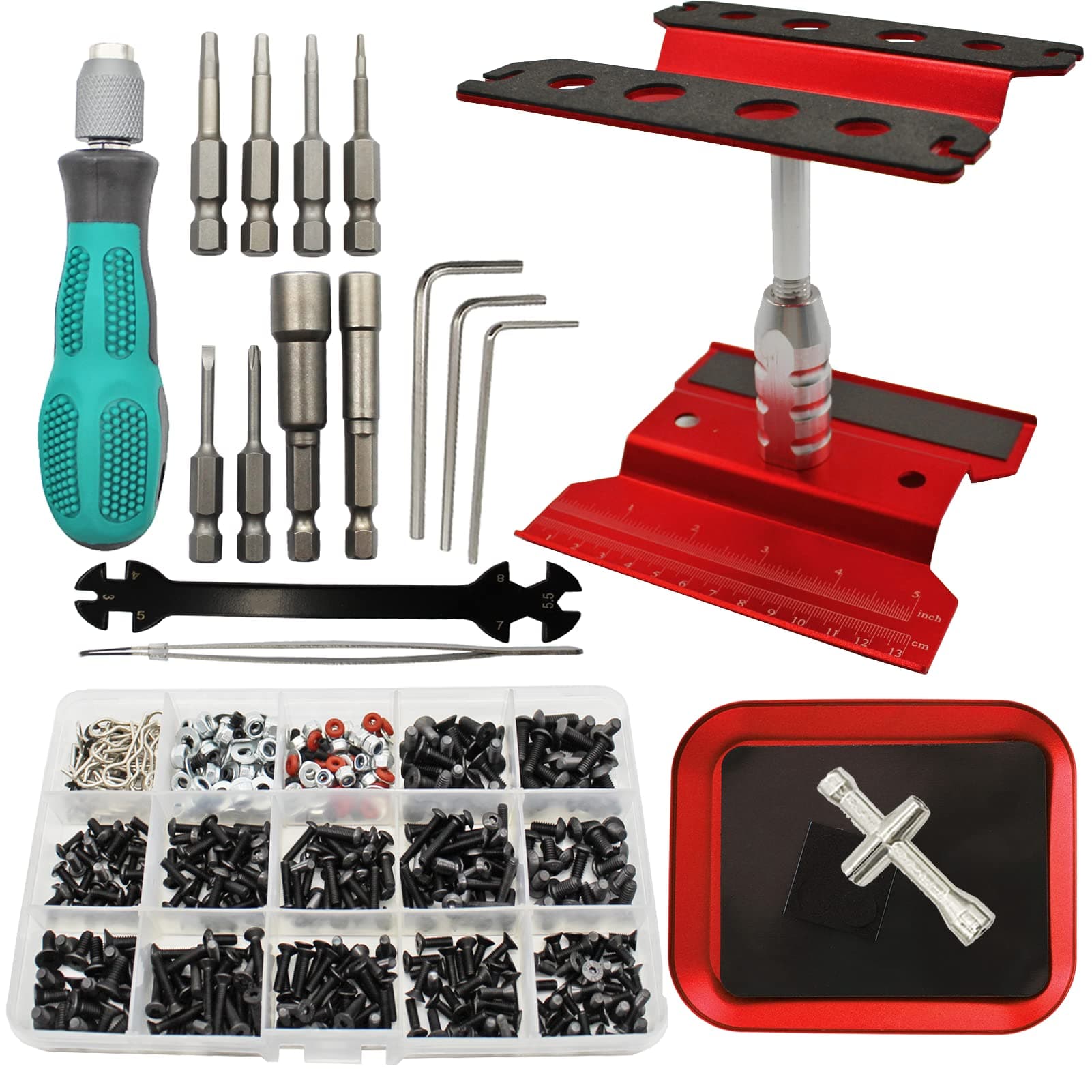 RC Car Repair Work Stand Repair Tool Set 360 Degree Rotation and 523PCS RC Screws Kit & RC Screwdrivers and Screws Pallet for 1/8 1/10 1/12 1/16 1/18 RC Crawler Truck Buggy Vehicle Scale Accessories