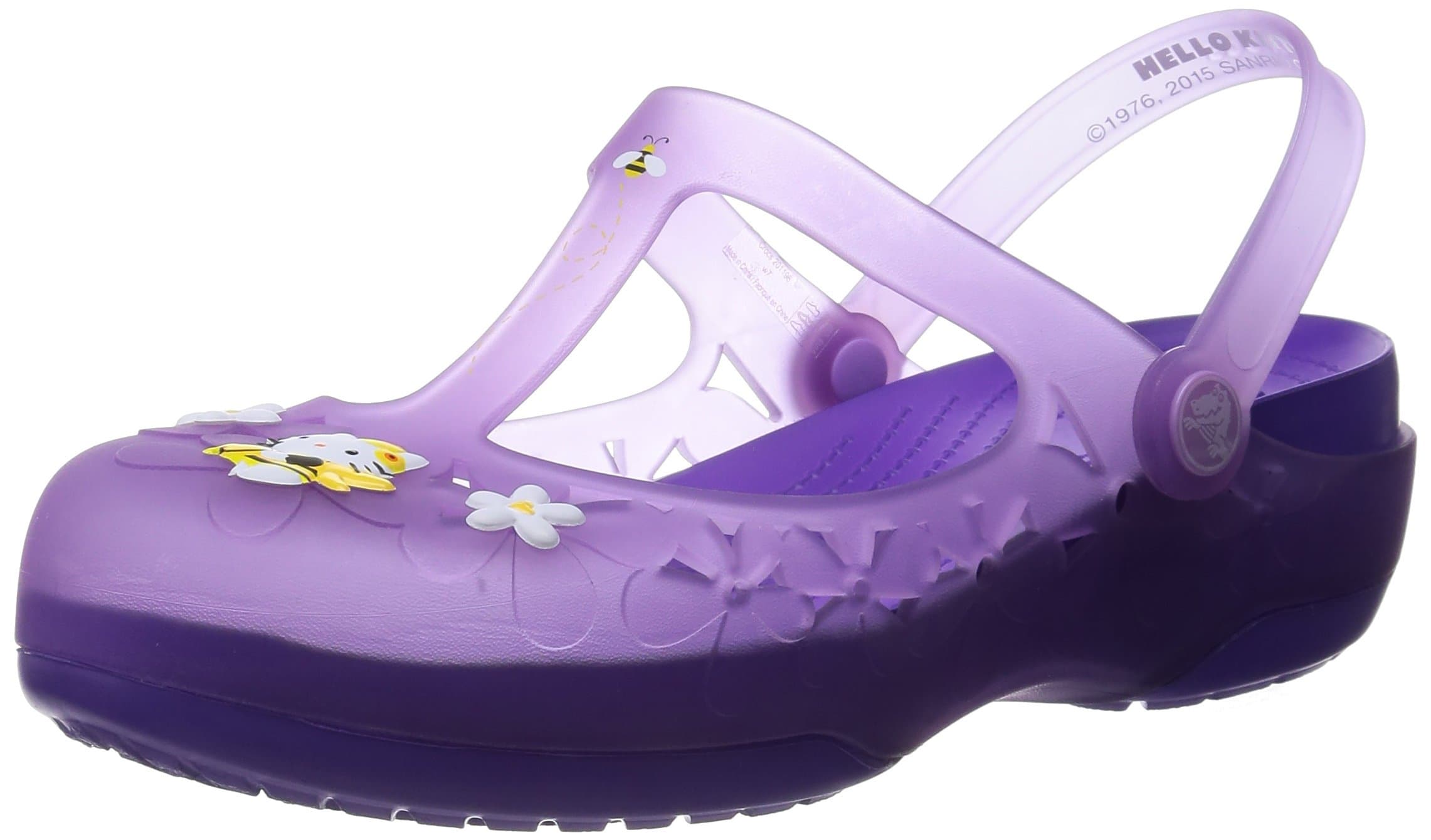 Crocs Womens Carlie Mary Jane Flower Hello Kitty Shoes, Iris/Neon